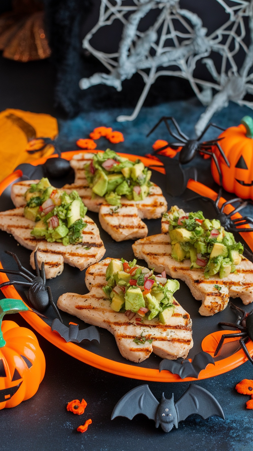 Ghostly grilled chicken shaped like ghosts topped with avocado salsa, surrounded by Halloween decorations.