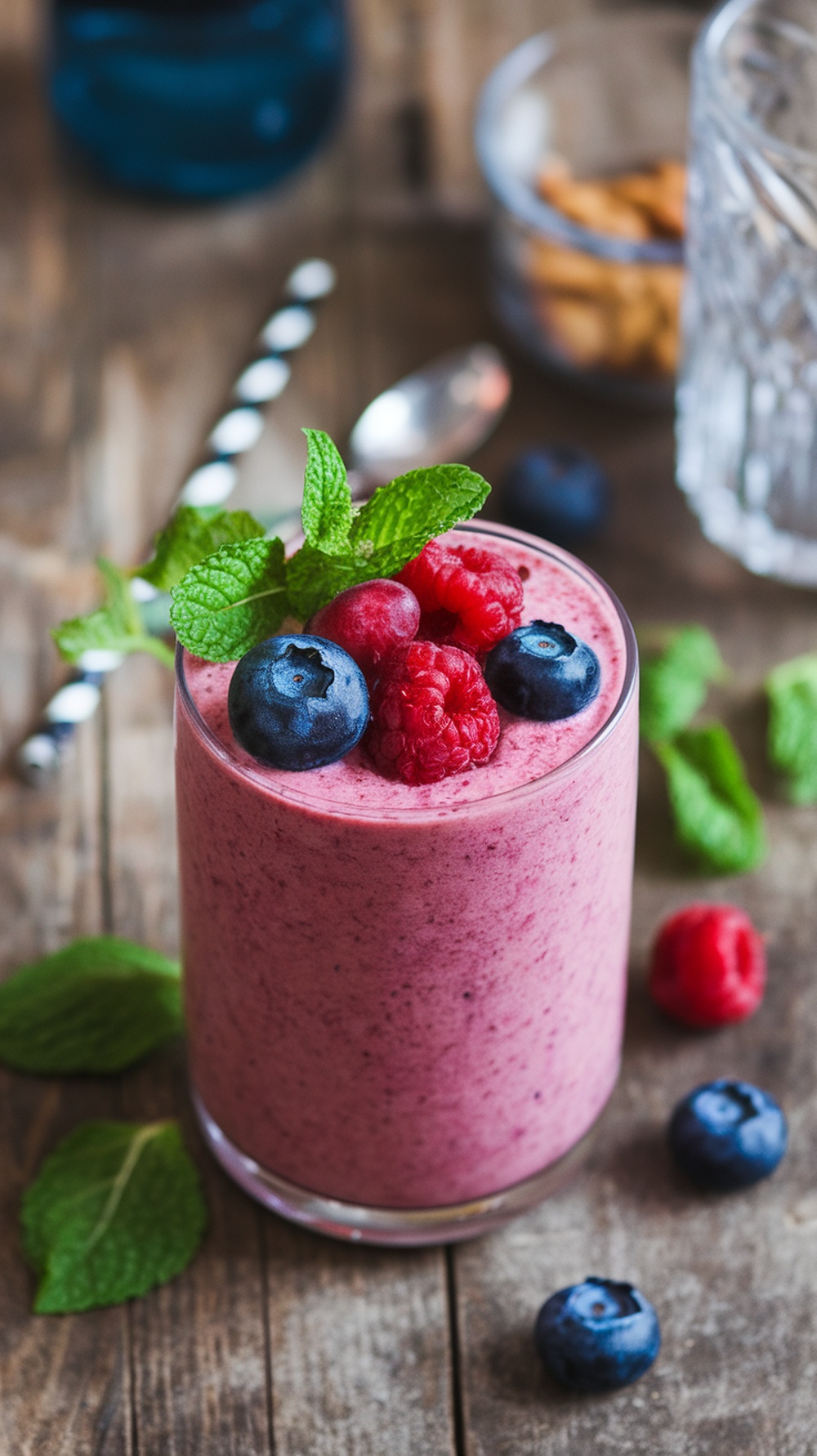 A Berry Blast Protein Smoothie topped with fresh berries and mint in a glass.