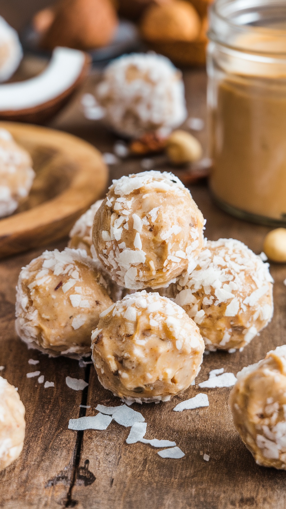 Almond butter energy balls stacked on a wooden surface with coconut flakes.