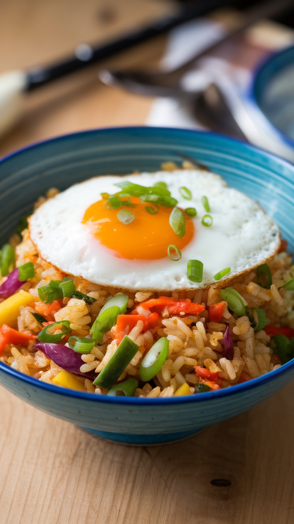 A bowl of vegetable fried rice topped with a fried egg and green onions.