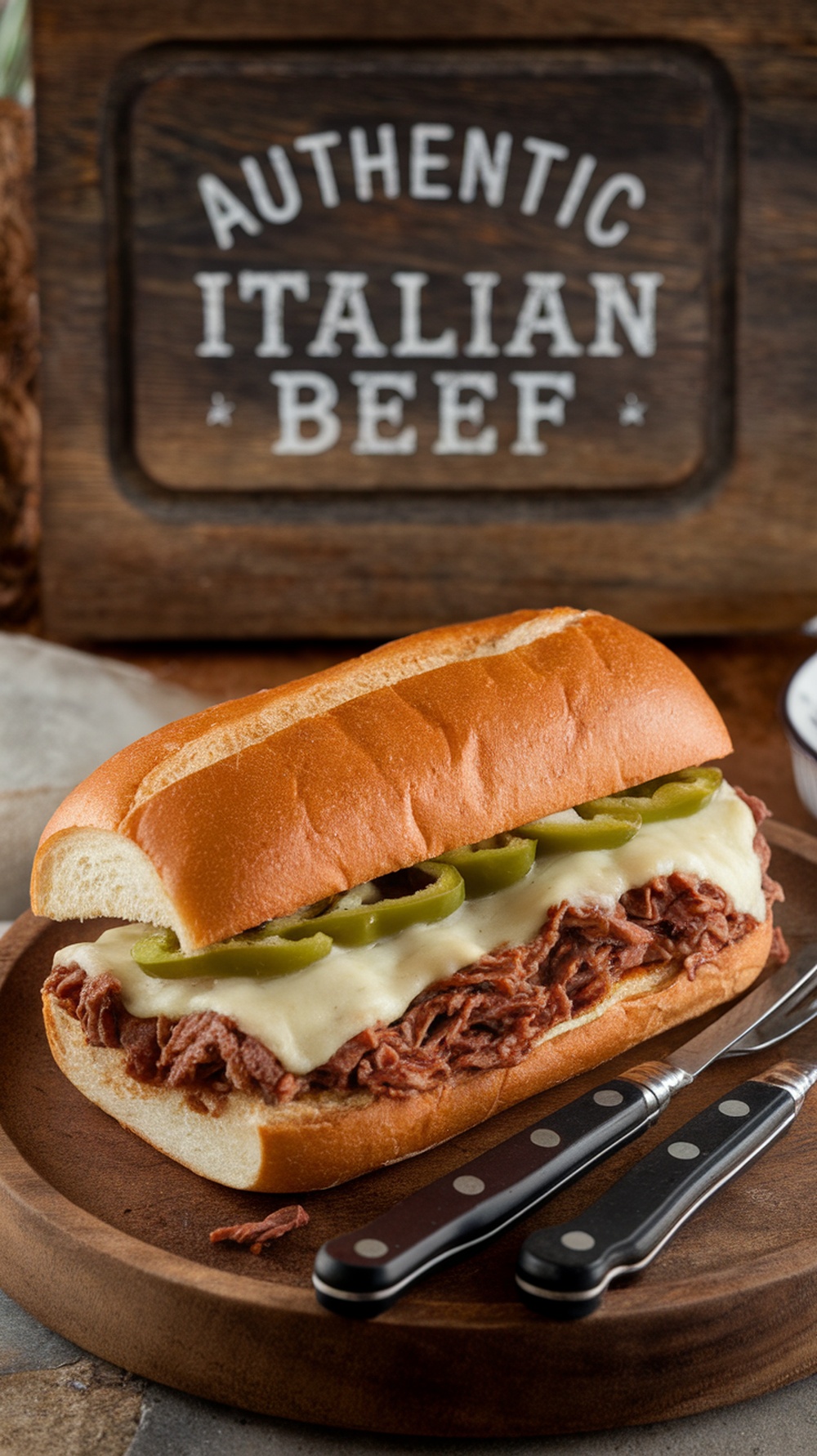 A delicious Italian beef sandwich with melted cheese and jalapeños on a wooden platter.