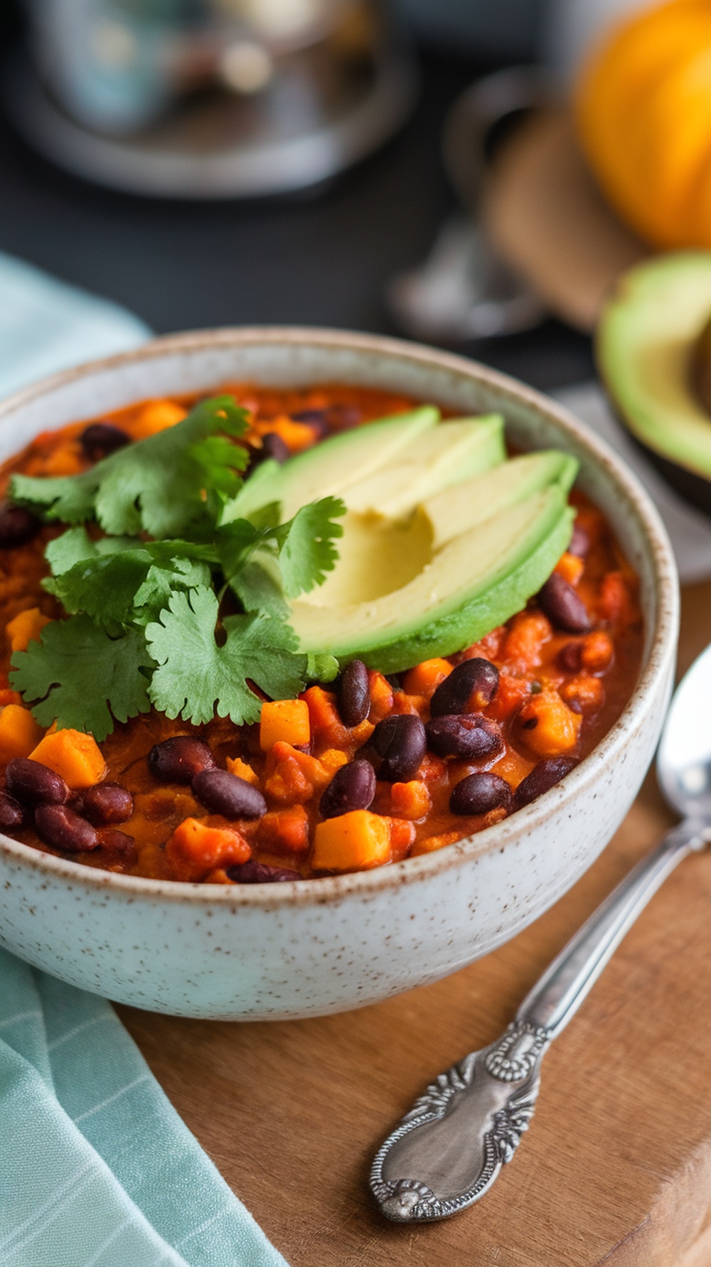 A bowl of spicy pumpkin and black bean chili topped with avocado and cilantro.
