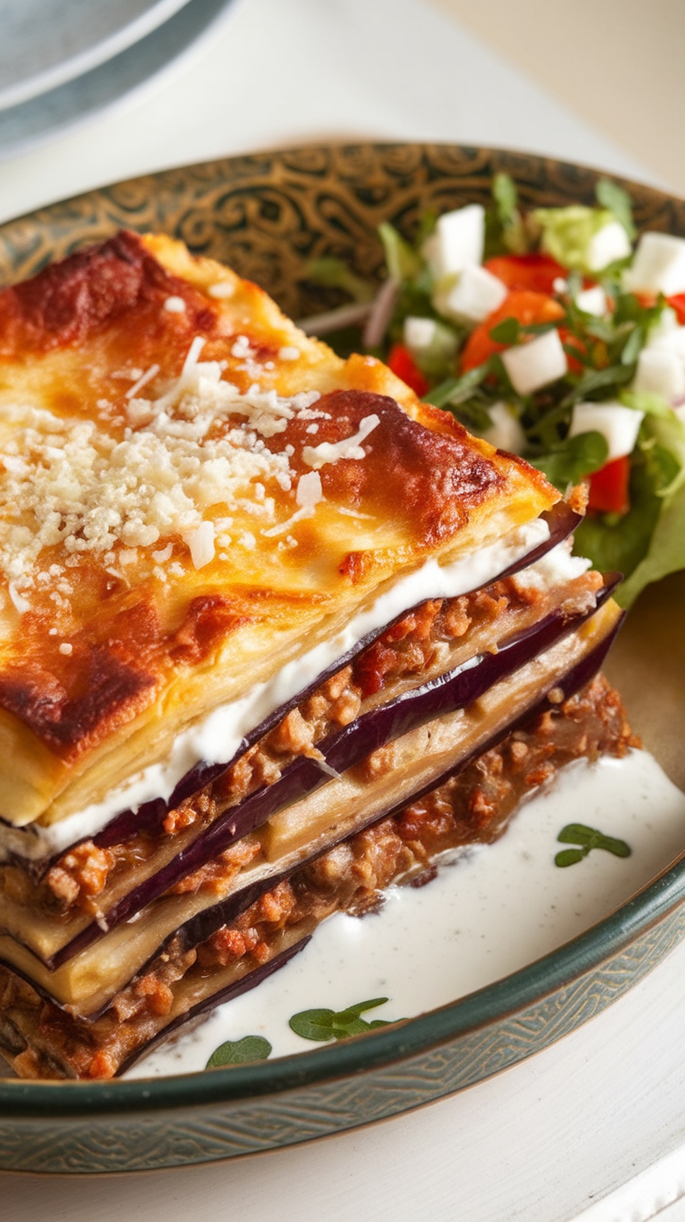 A delicious serving of Eggplant Moussaka with a side salad.