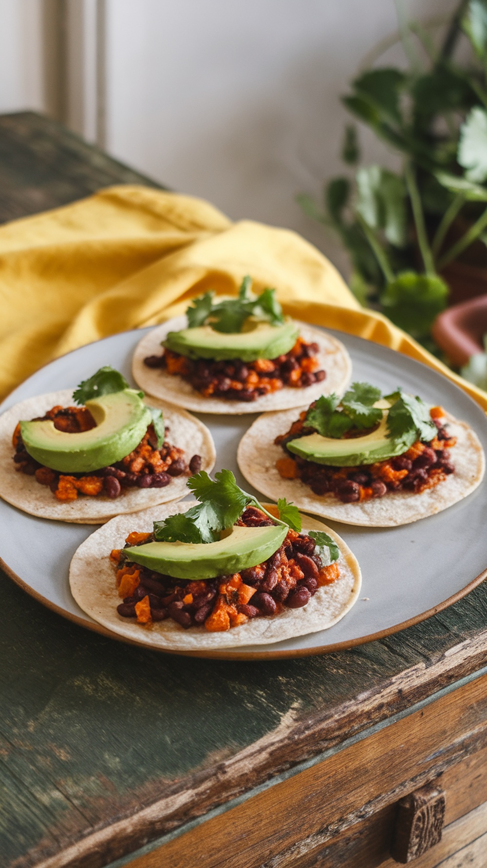 Four spicy black bean tacos topped with avocado and cilantro on a plate.