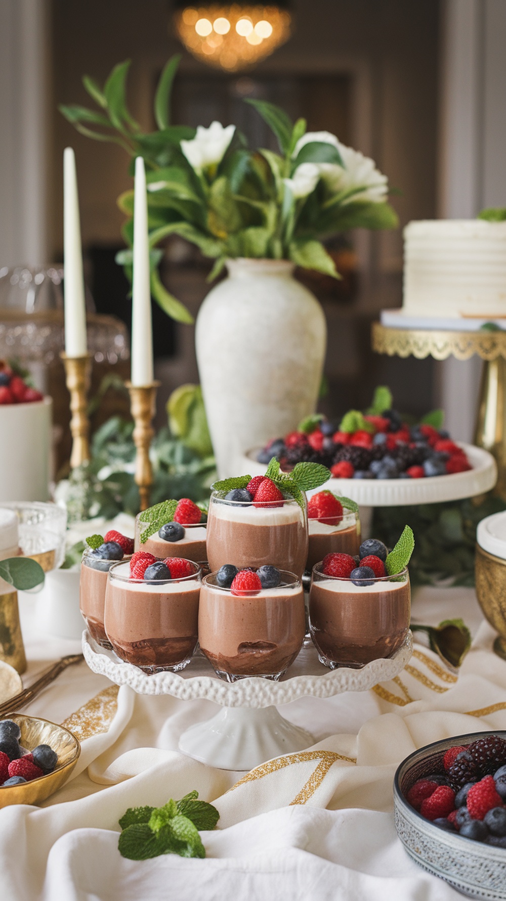 A beautiful display of chocolate avocado mousse topped with fresh berries and mint leaves, perfect for a fall gathering.