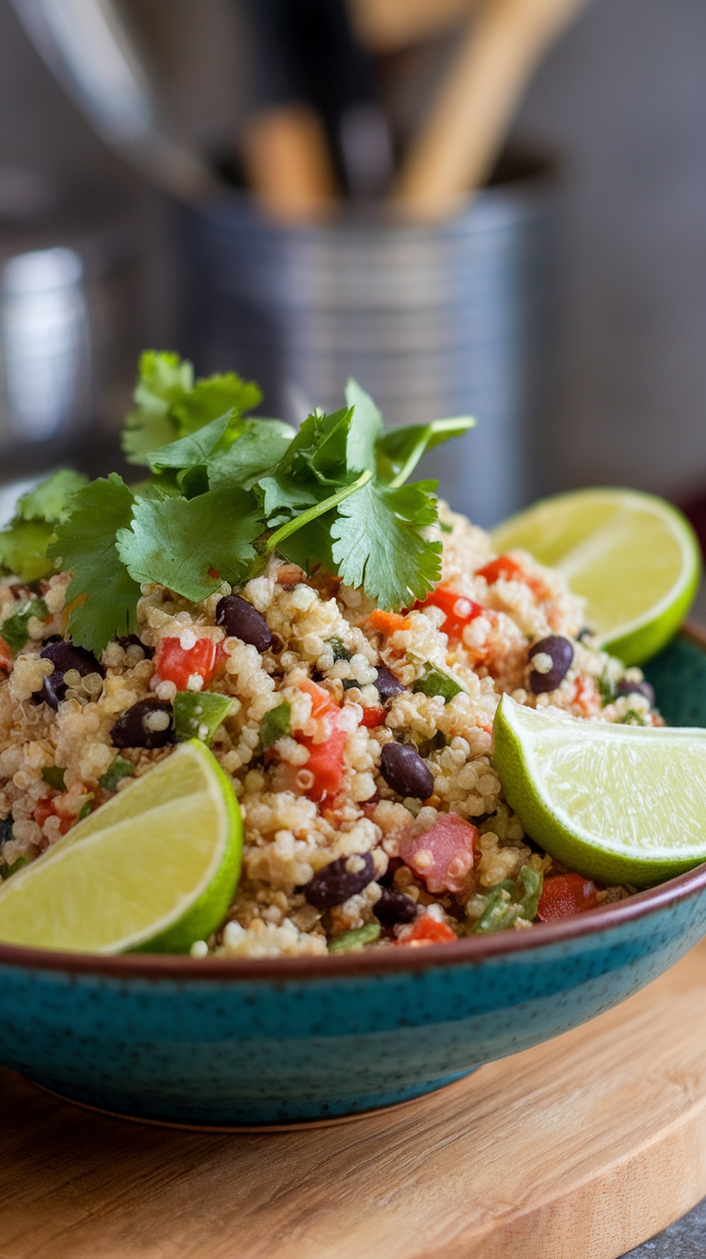 A colorful quinoa and black bean salad topped with cilantro and lime wedges.