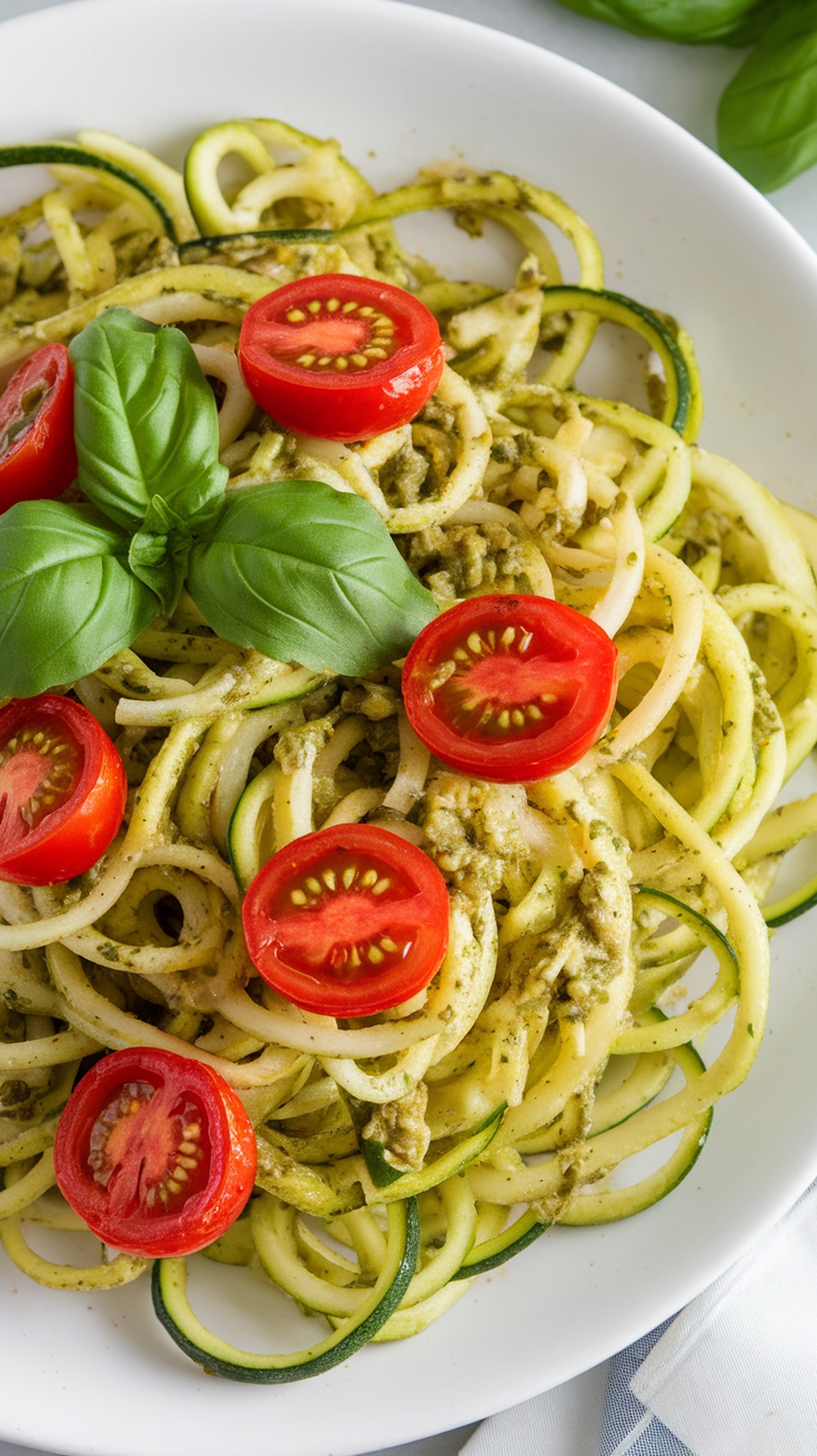 Zucchini noodles with pesto and cherry tomatoes garnished with basil