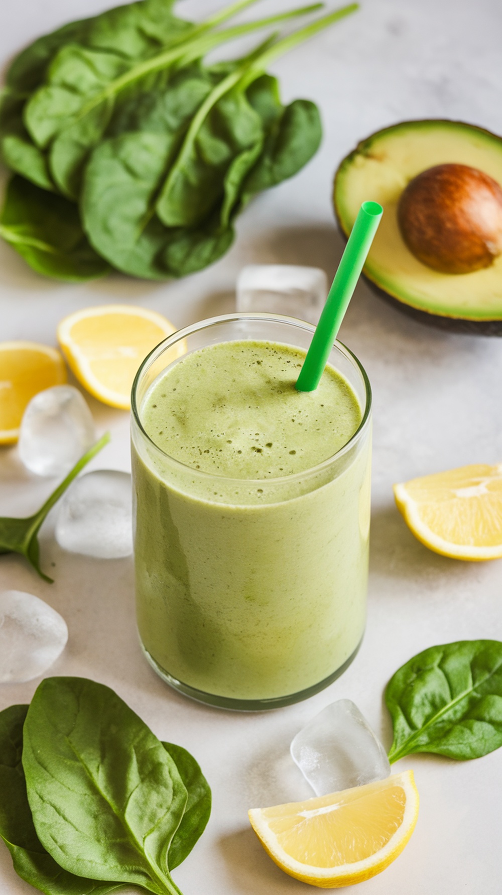 A green smoothie made with spinach and avocado, surrounded by fresh ingredients like lemon and ice.