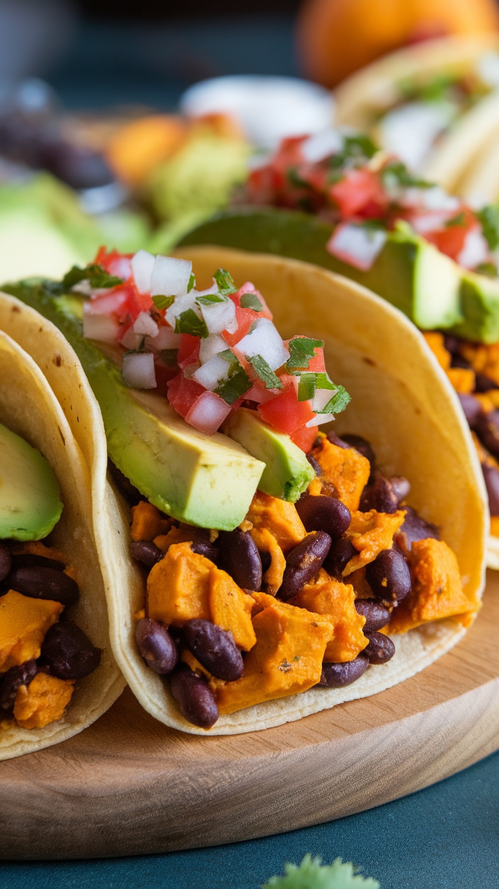 Delicious pumpkin and black bean tacos topped with avocado and pico de gallo.