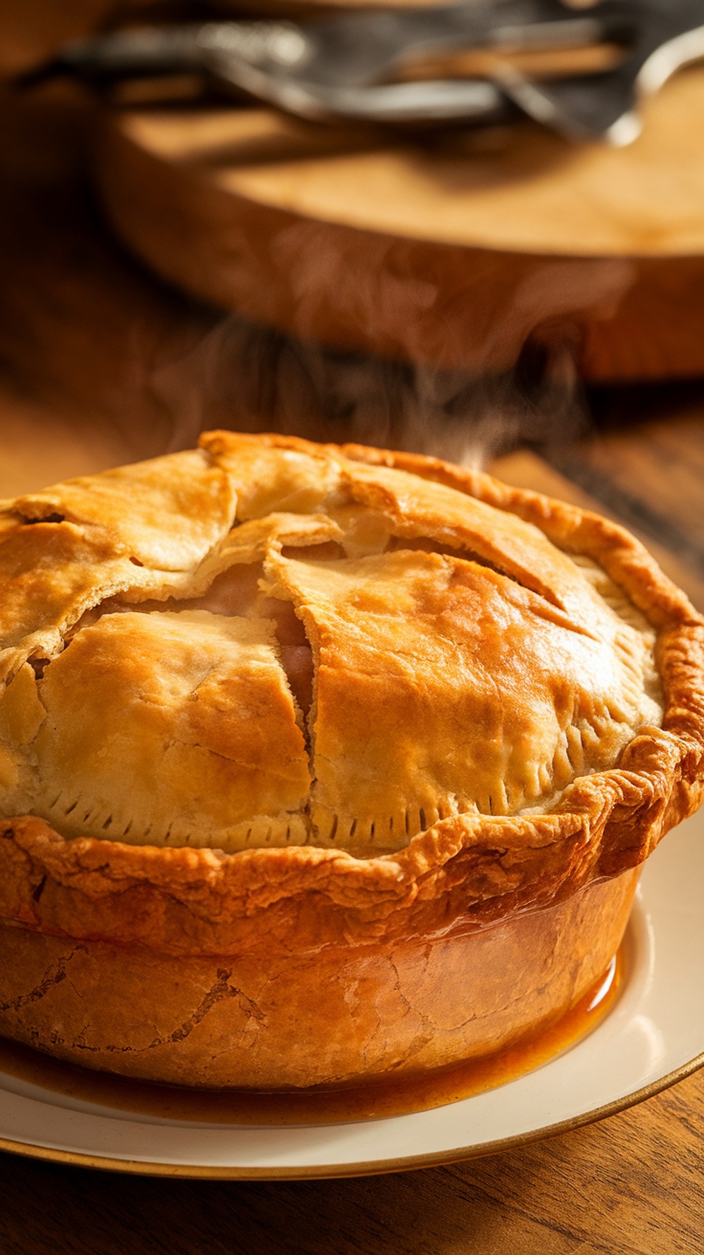A freshly baked brisket pot pie with a flaky crust, steam rising from the top.