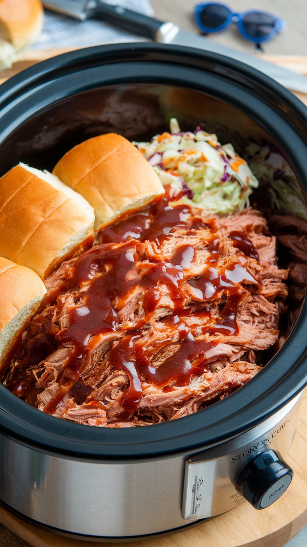 Slow cooker filled with tender pulled pork, BBQ sauce, and slider buns