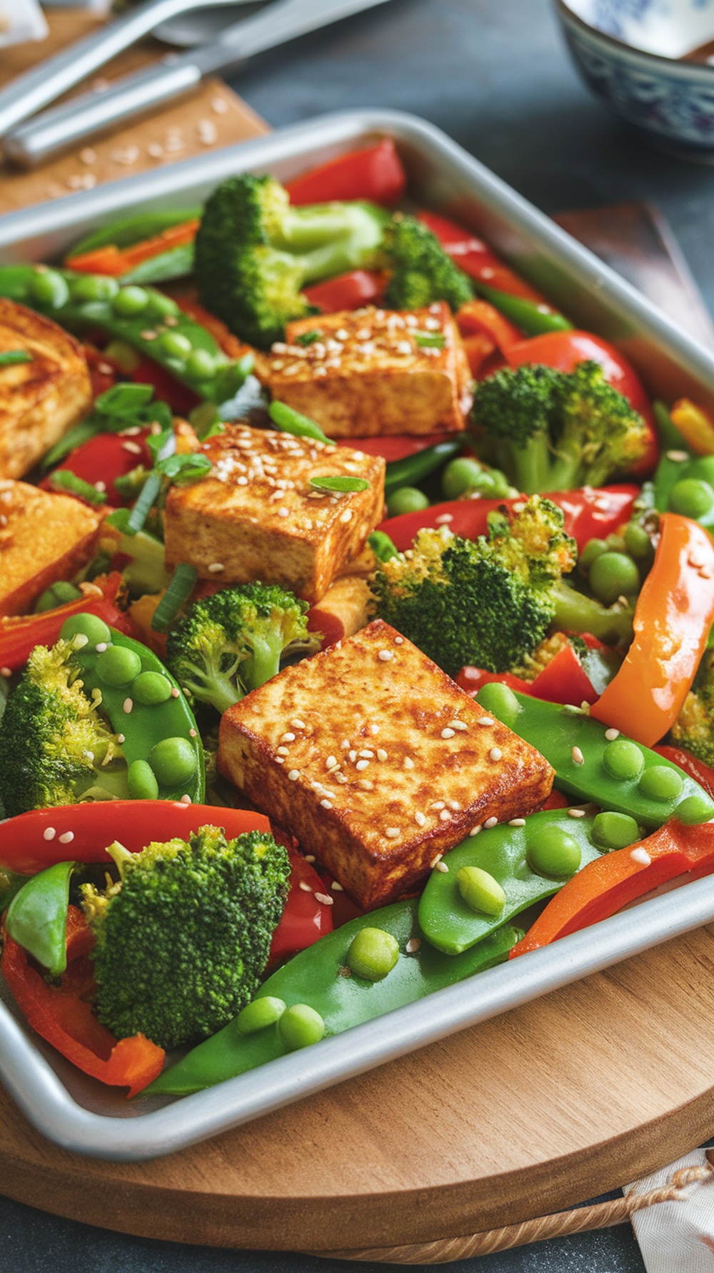 A colorful sheet pan meal featuring tofu and assorted vegetables.
