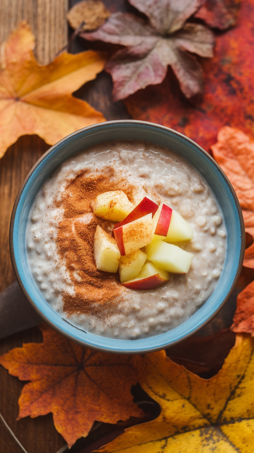 A bowl of apple cinnamon overnight oats topped with diced apples and cinnamon, surrounded by autumn leaves.