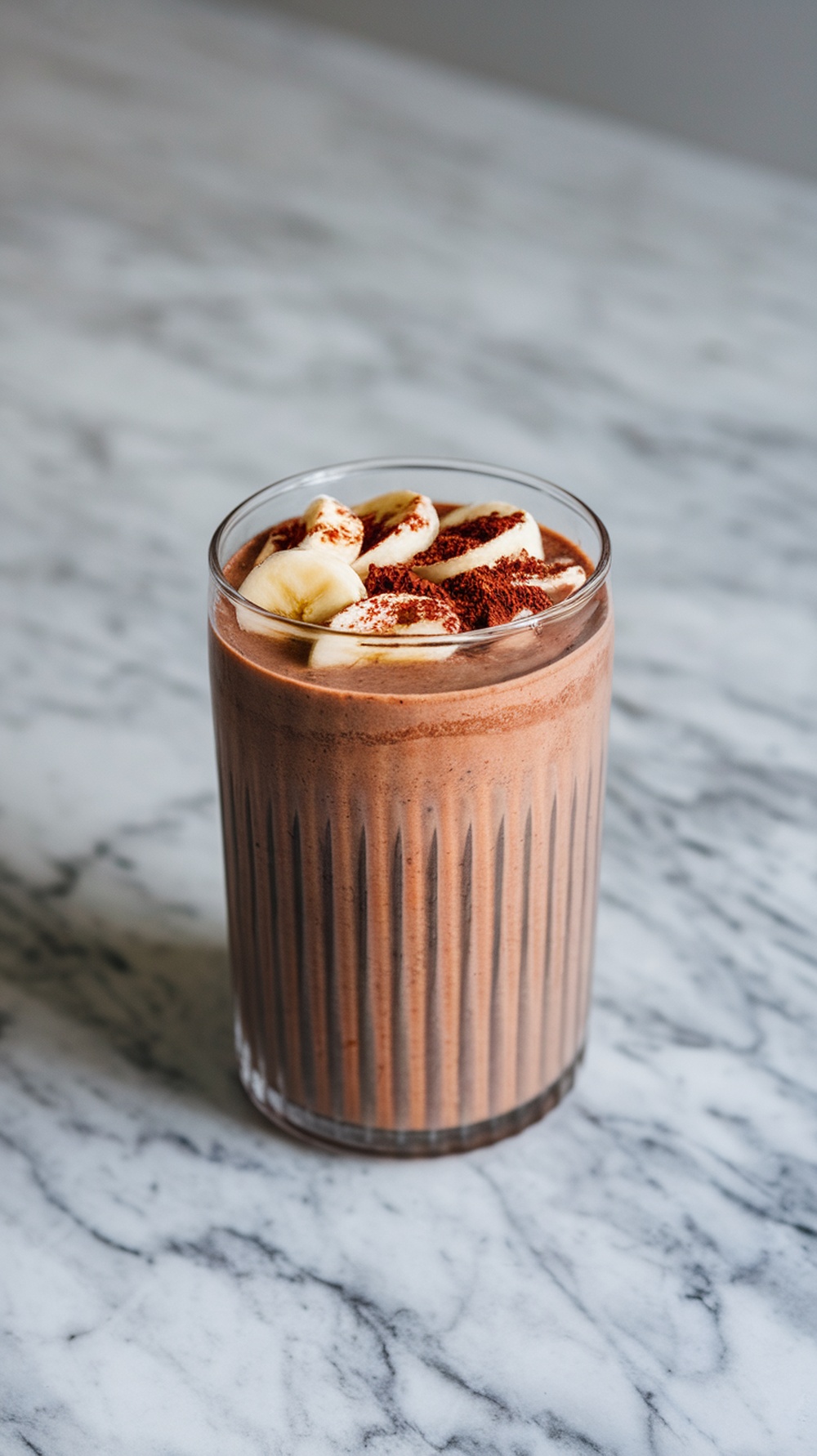 A glass of chocolate banana protein smoothie topped with banana slices and cocoa powder on a marble surface.