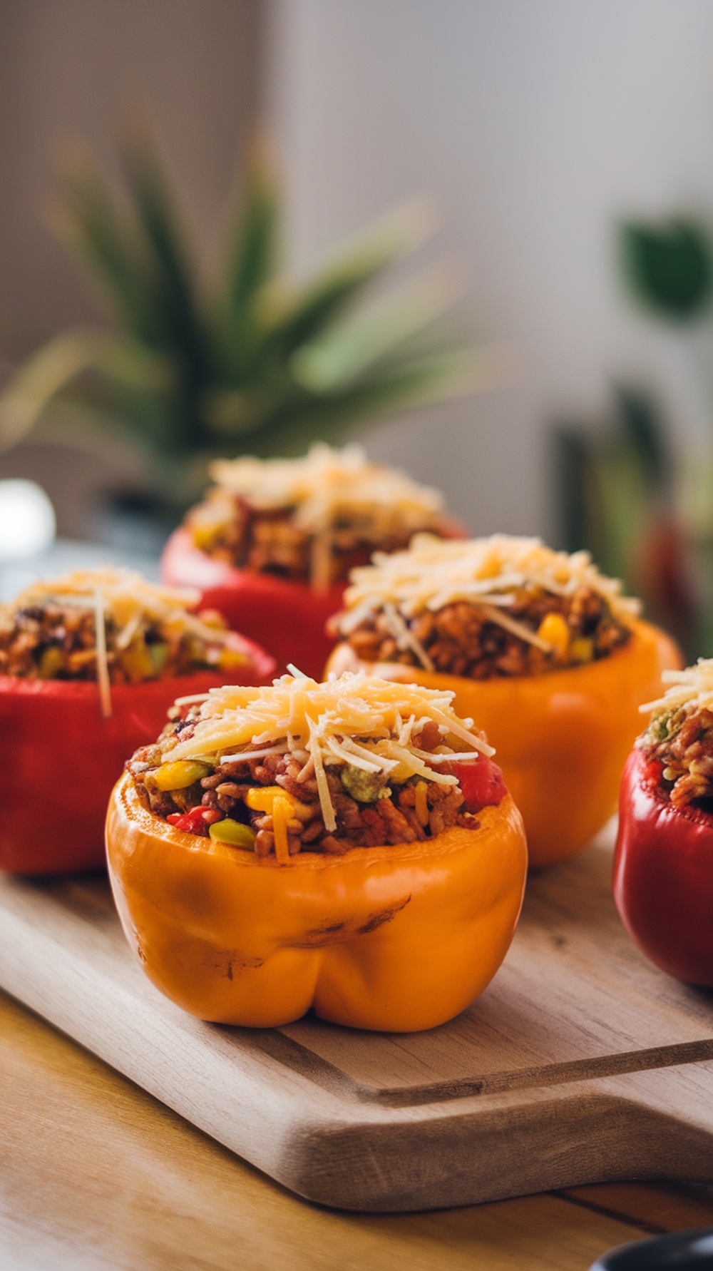 Stuffed bell peppers filled with brown rice and vegetables, topped with cheese.