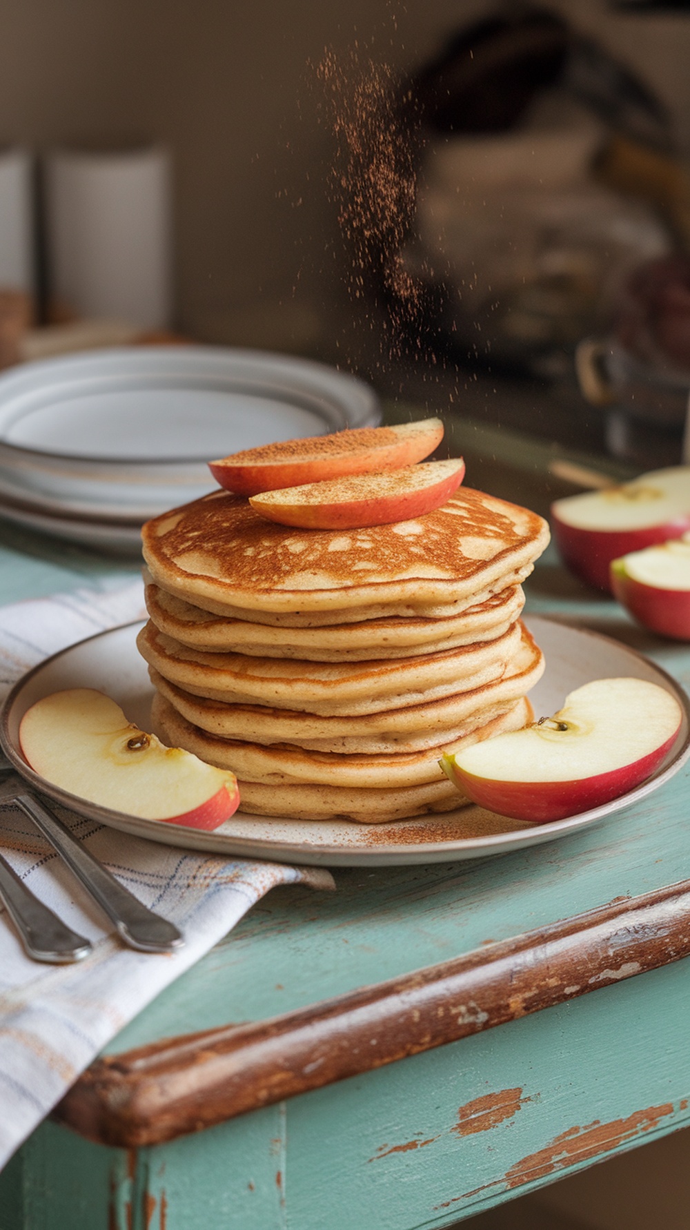A stack of cinnamon apple protein pancakes topped with apple slices and a sprinkle of cinnamon, served on a plate.