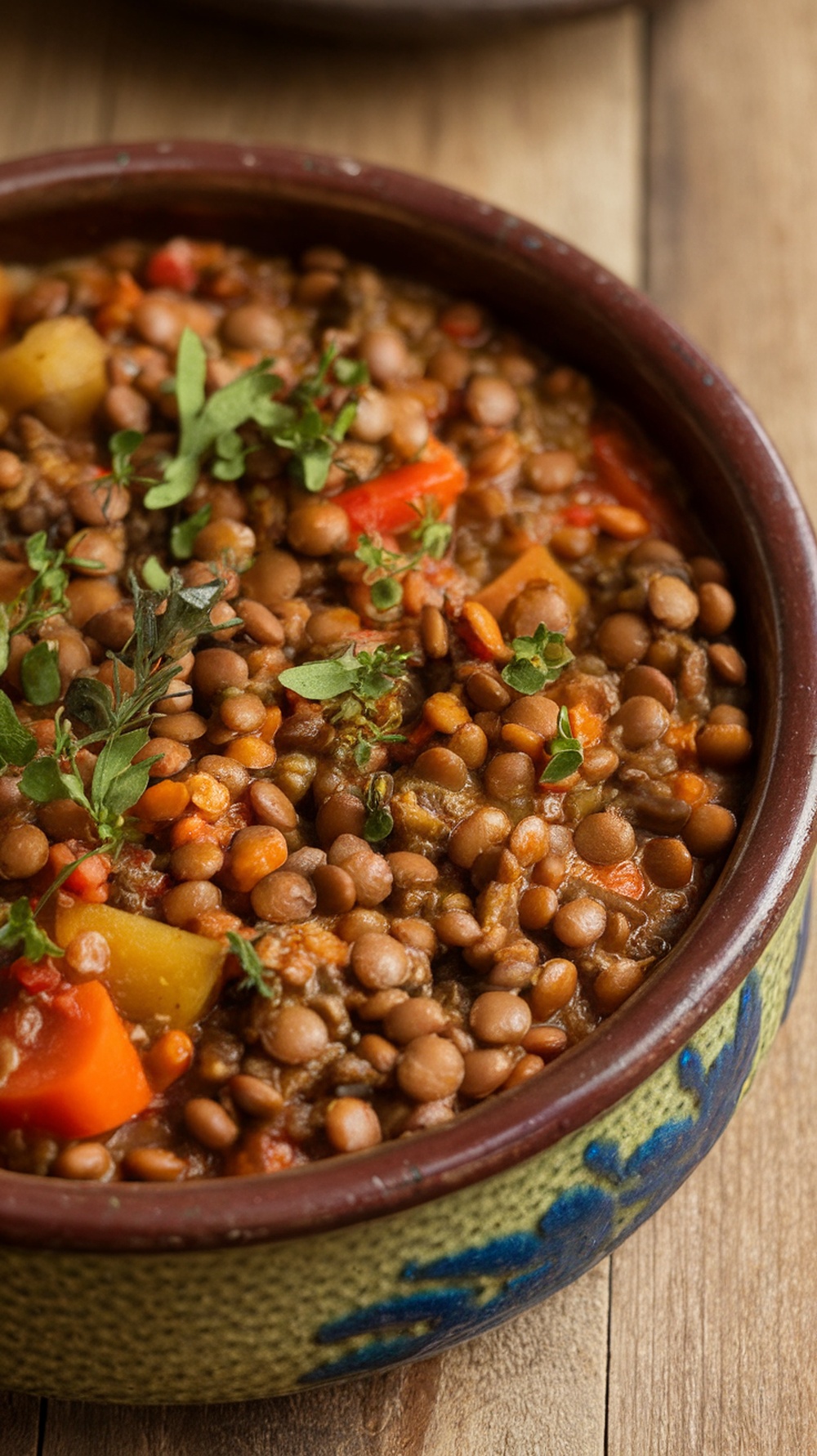 A bowl of hearty lentil and vegetable stew with fresh herbs on top.