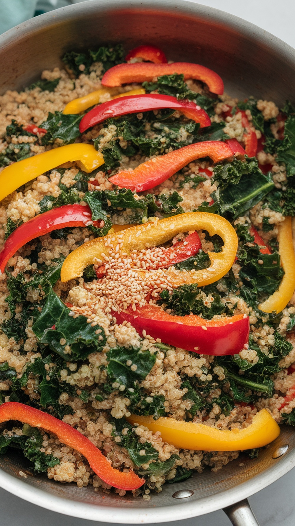 A colorful quinoa and kale stir-fry with bell peppers and sesame seeds.