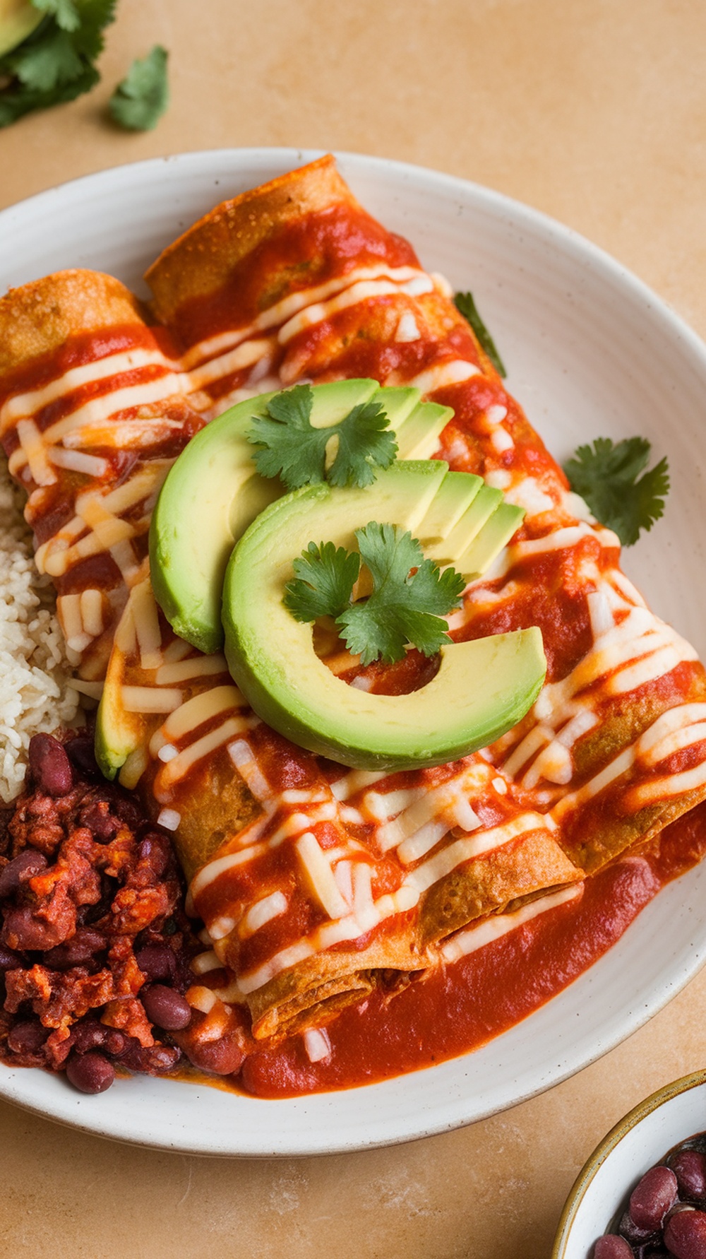 A plate of quinoa enchiladas topped with avocado and cilantro, served with rice and beans.