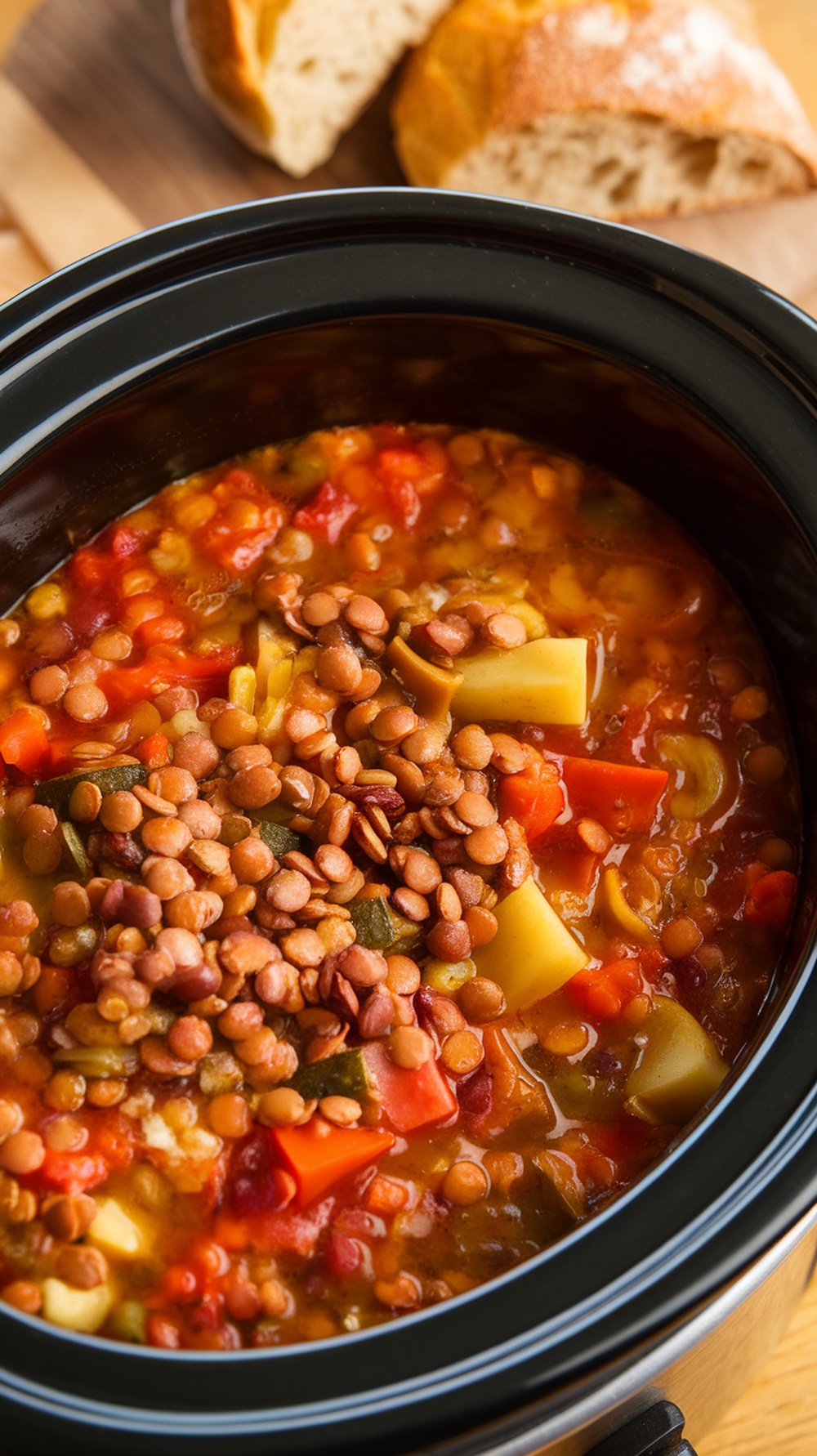 A bowl of hearty lentil and vegetable soup in a slow cooker, with fresh bread on the side.