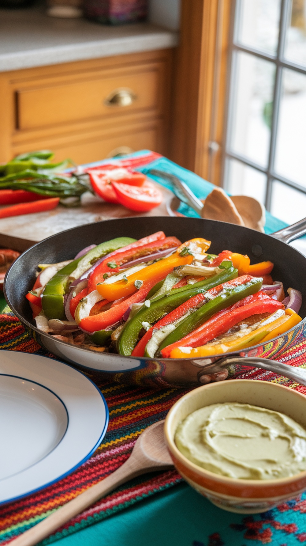 A colorful display of vegetable fajitas with avocado cream on a table.