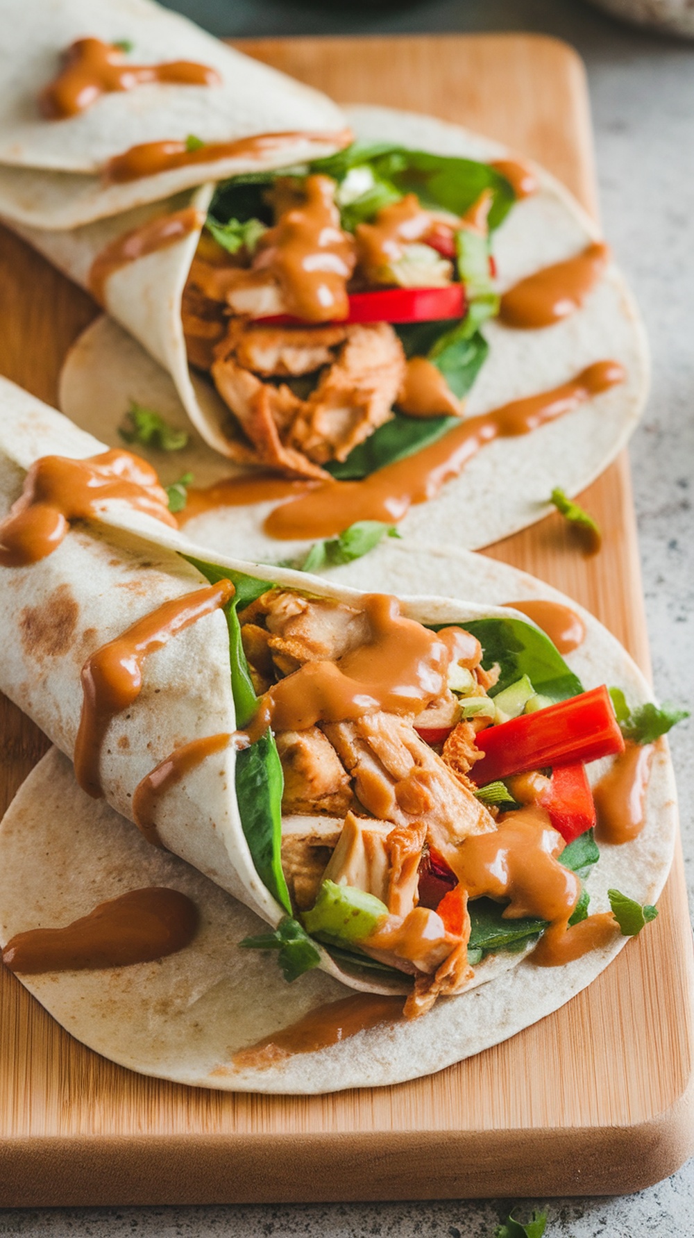 Thai Peanut Chicken Wraps with chicken, vegetables, and peanut sauce