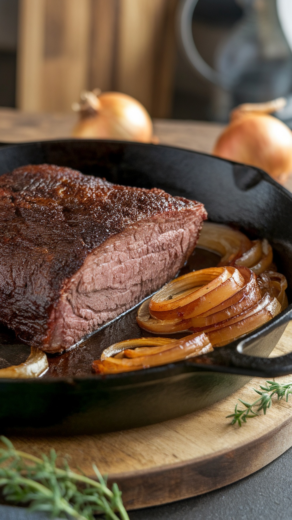 A beautifully cooked beer-braised brisket with caramelized onions in a cast iron skillet.