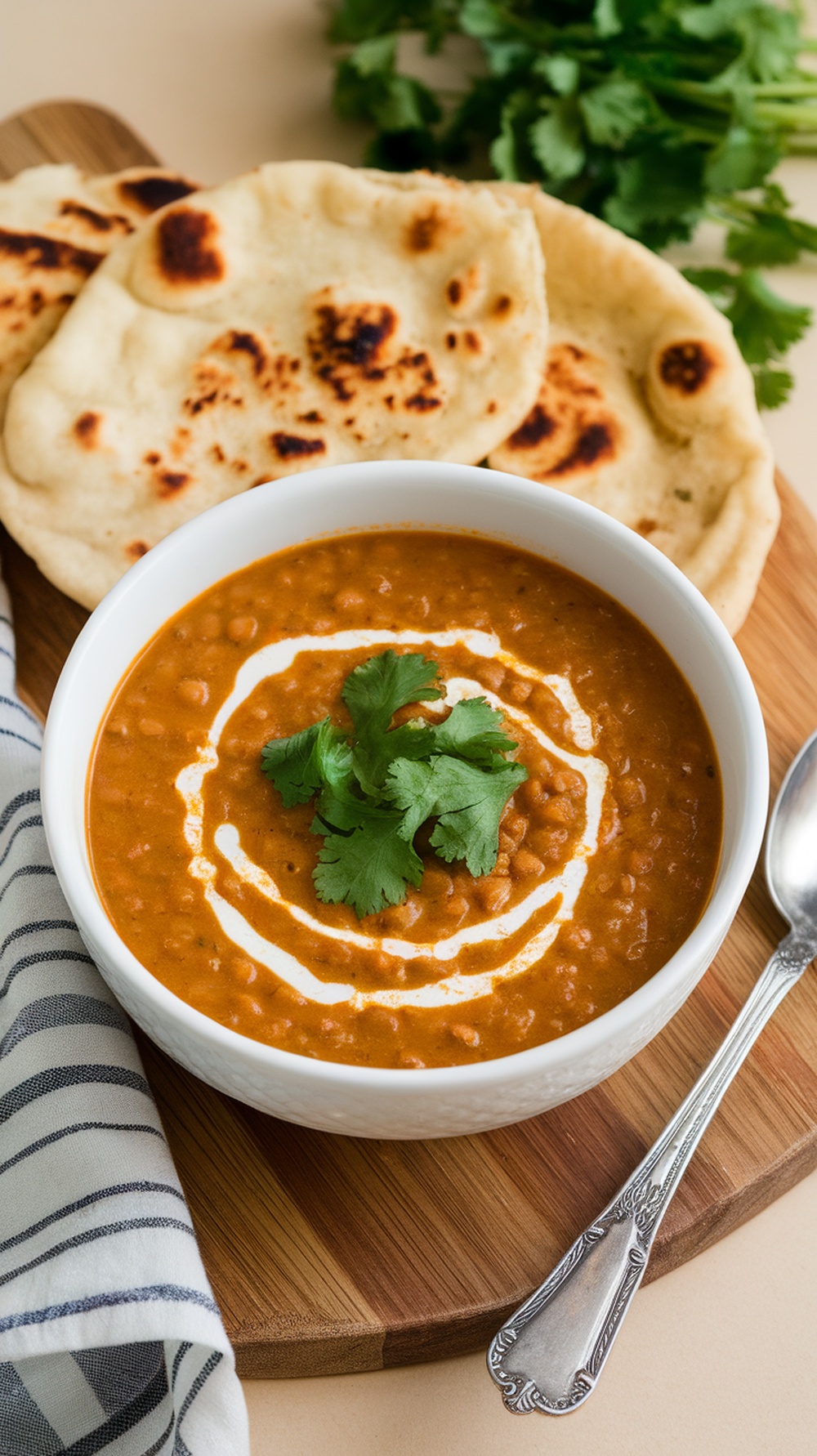 A bowl of curried lentil soup with coconut milk, garnished with cilantro, served with naan bread.