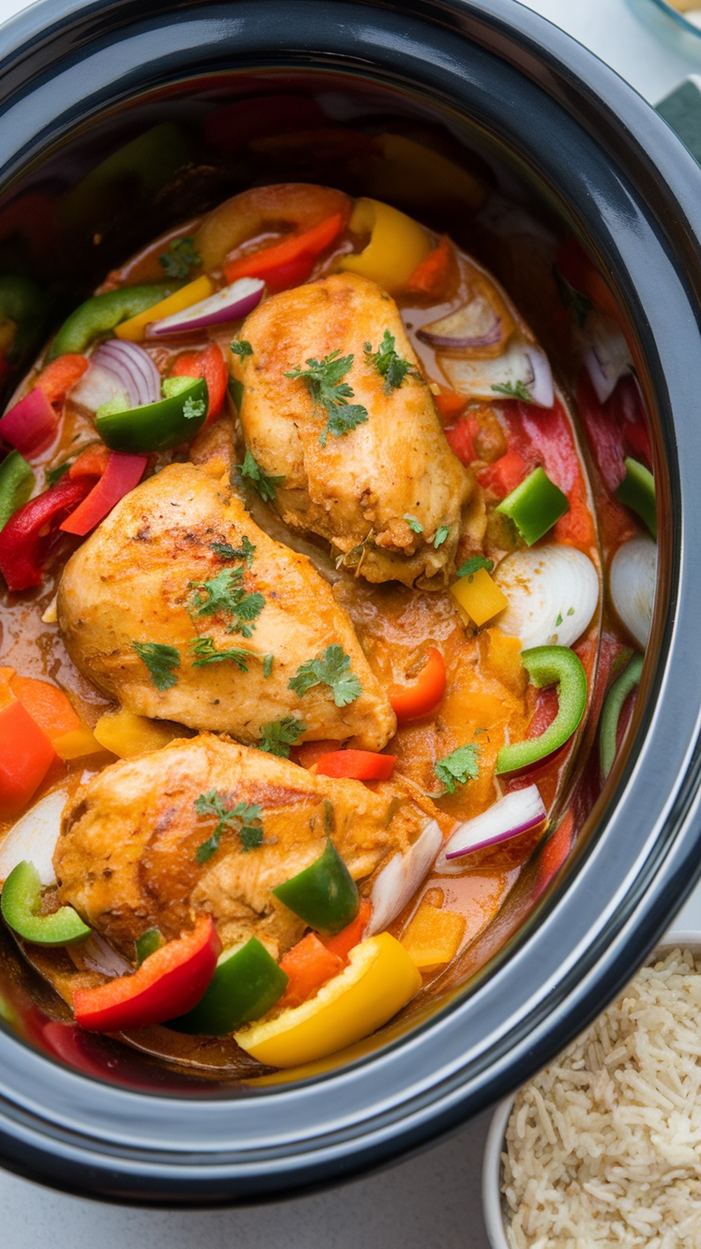 A slow cooker filled with coconut curry chicken, colorful bell peppers, and onions.