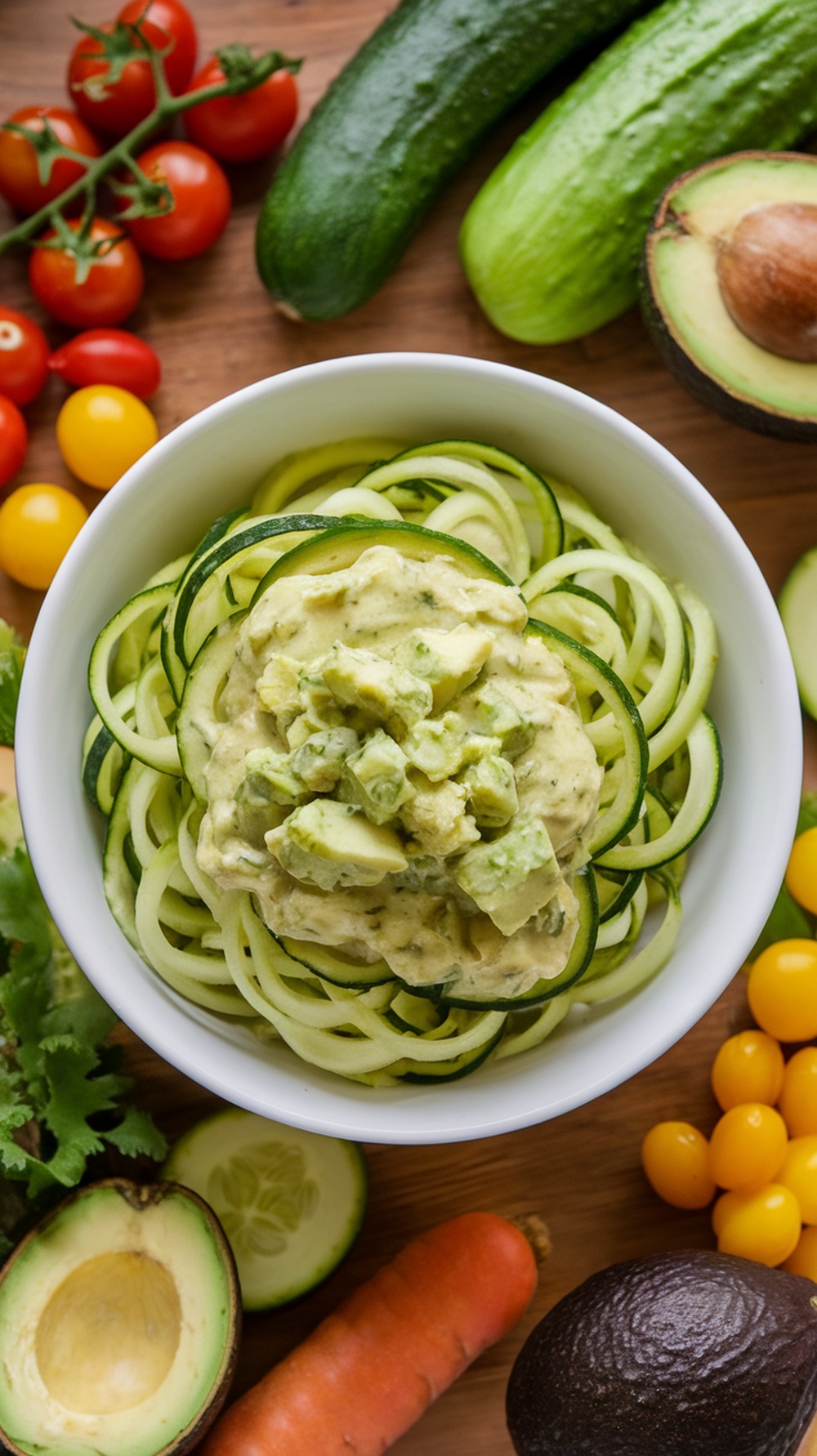 A bowl of zucchini noodles topped with avocado salsa, surrounded by fresh vegetables.