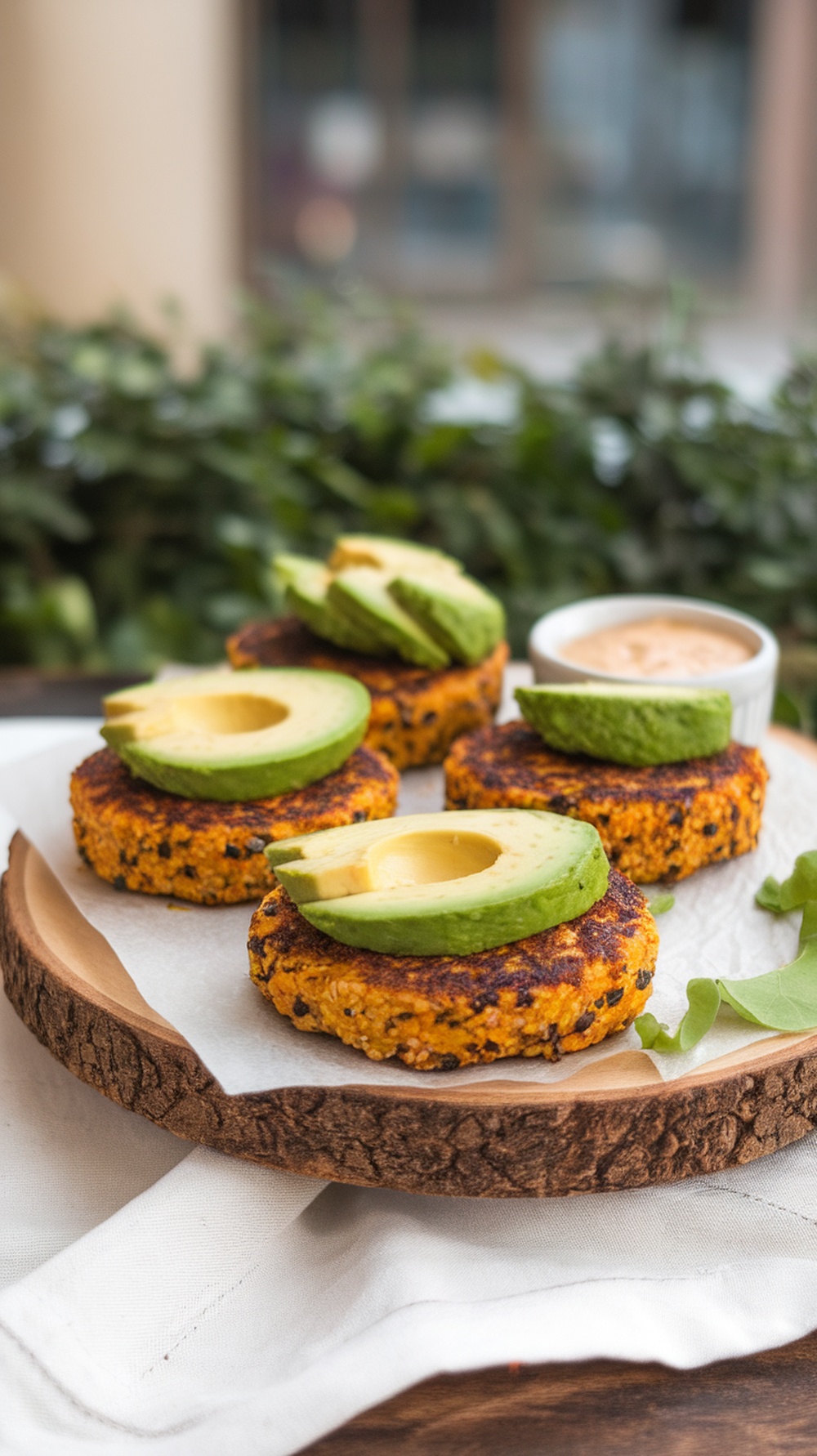 Quinoa and black bean patties topped with avocado slices on a wooden plate.
