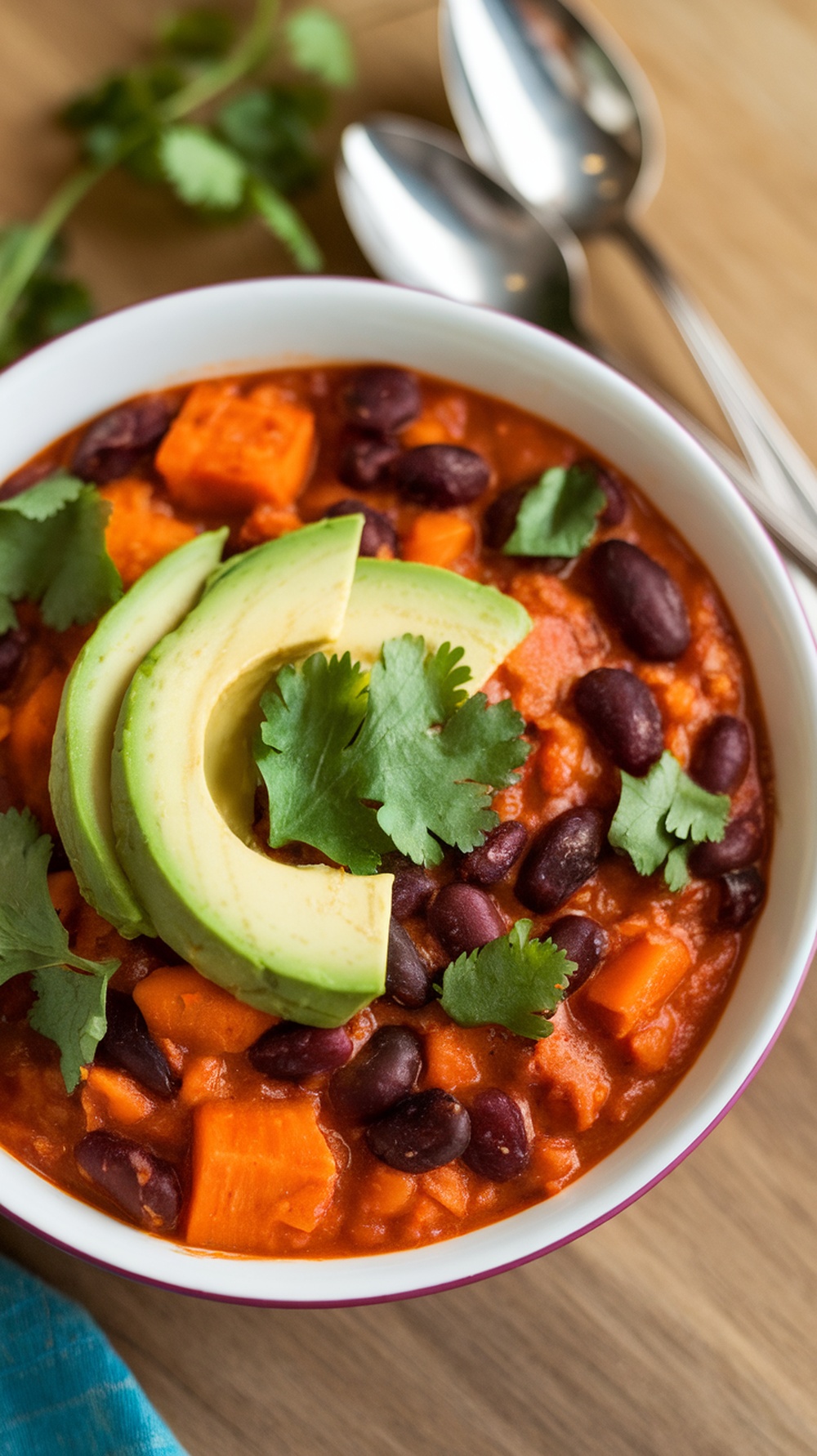 A bowl of sweet potato and black bean chili topped with avocado slices and cilantro.
