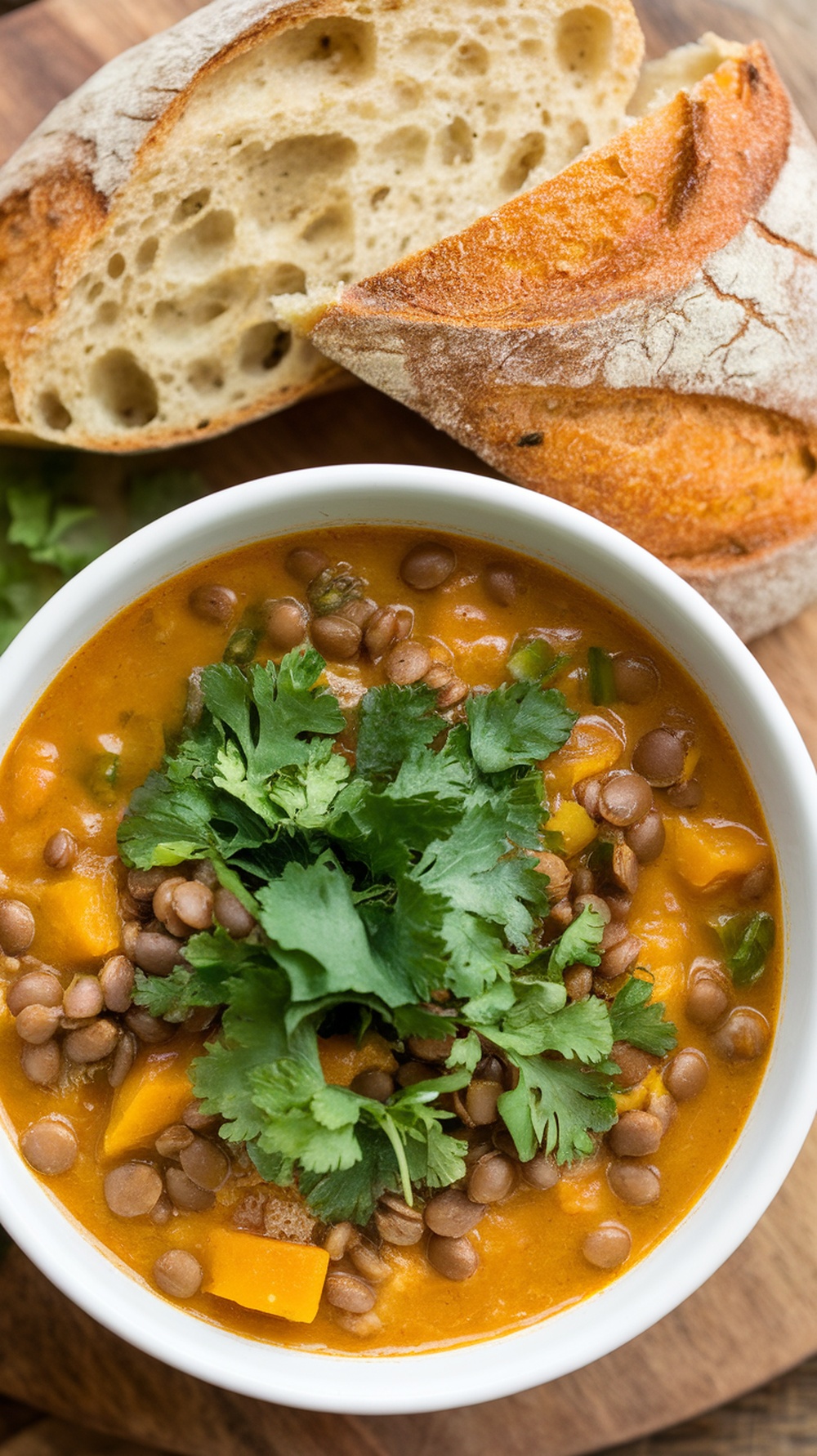 A bowl of spiced lentil and pumpkin soup topped with fresh cilantro, accompanied by slices of crusty bread.