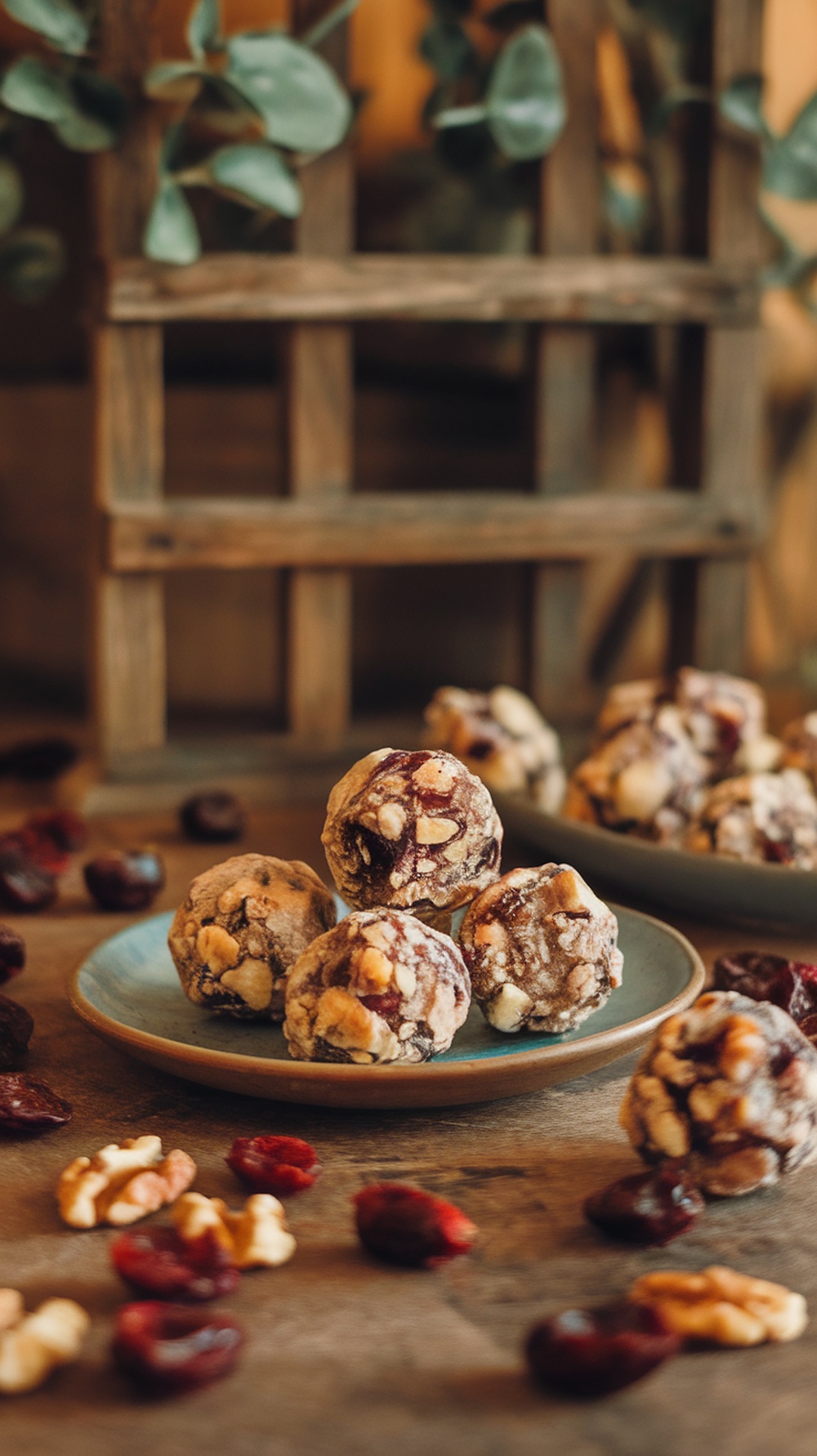 A plate of cranberry walnut protein bites surrounded by walnuts and dried cranberries.