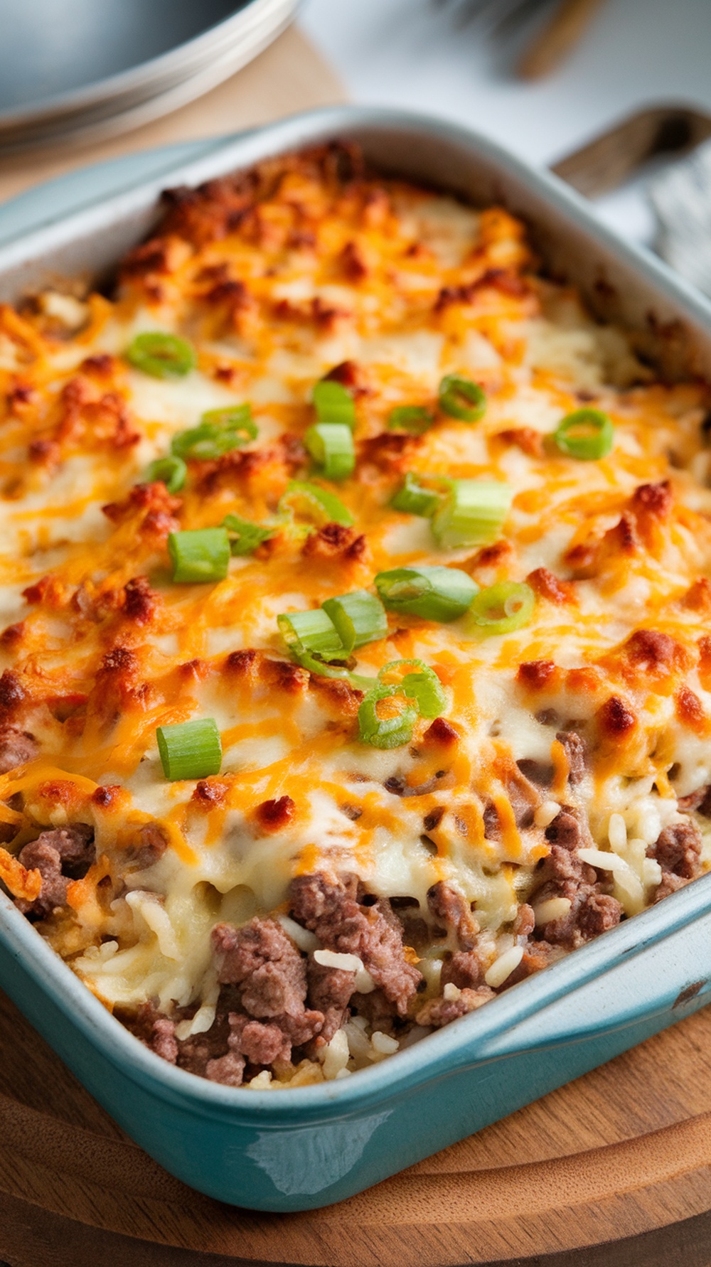 A delicious cheesy beef and rice casserole topped with green onions, showcasing layers of ground beef and melted cheese.