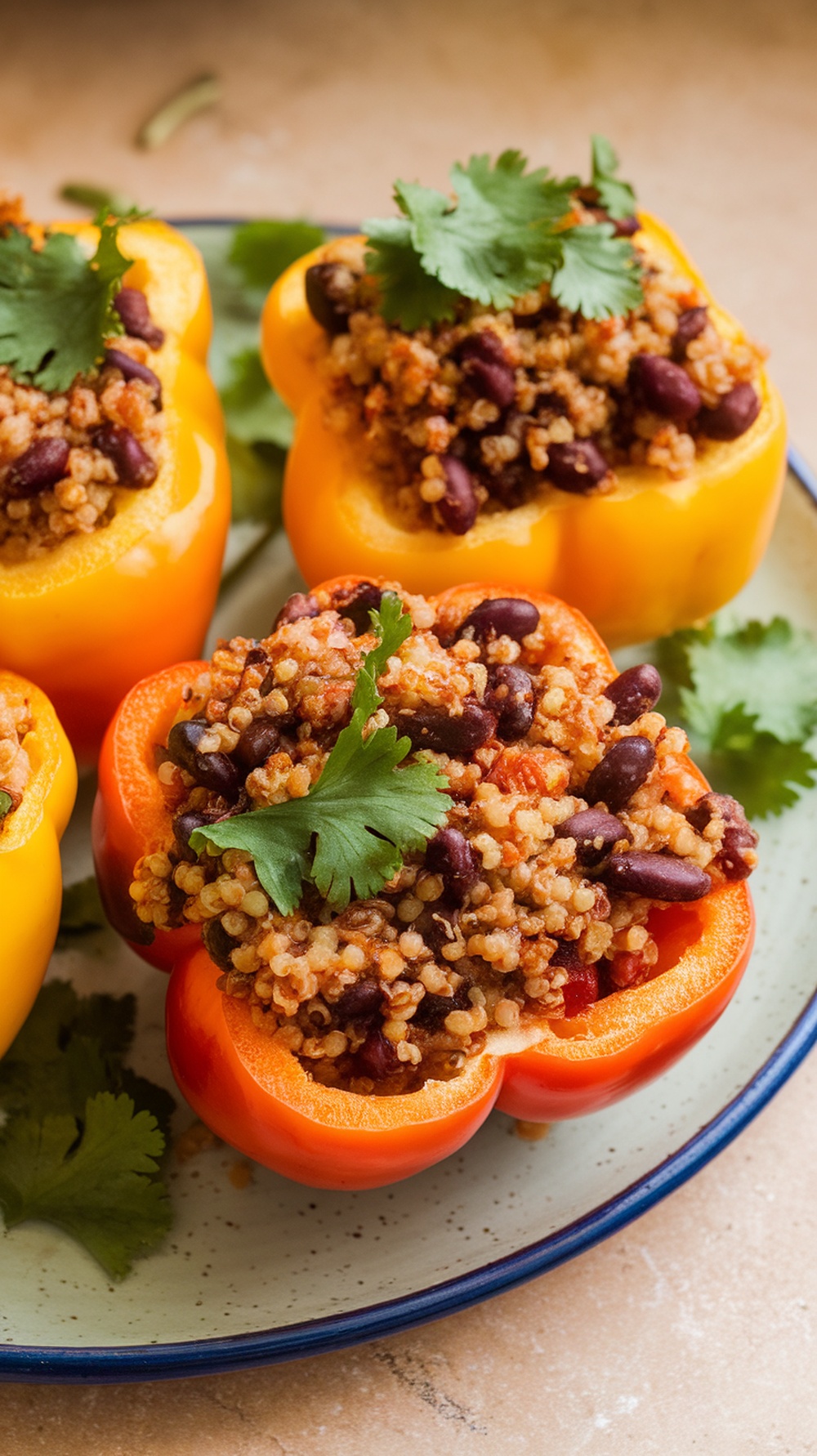 Quinoa and black bean stuffed peppers on a plate, garnished with cilantro