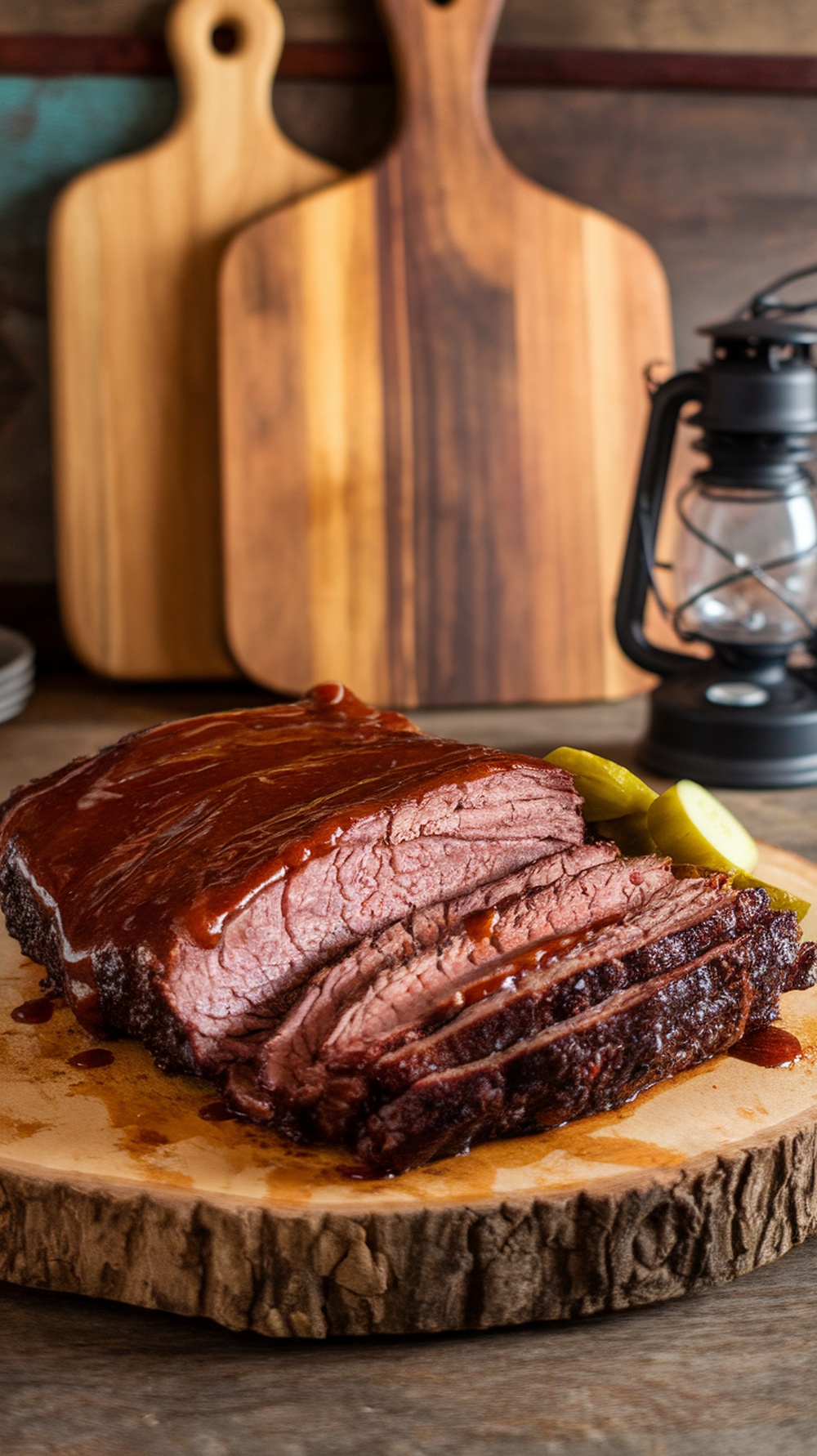 A beautifully cooked BBQ brisket sliced on a wooden board with barbecue sauce.