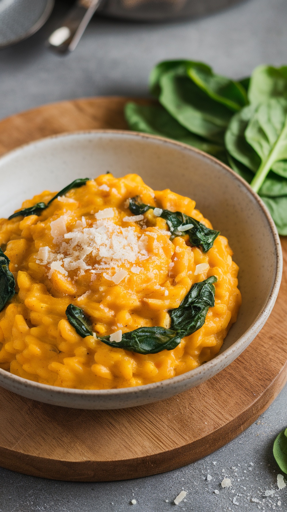 Creamy pumpkin risotto with spinach in a bowl, garnished with parmesan cheese.