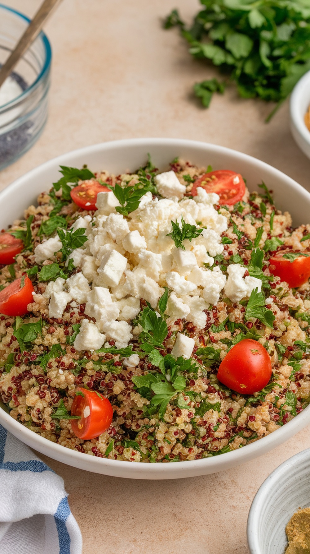 A bowl of quinoa tabbouleh salad topped with feta cheese and cherry tomatoes.