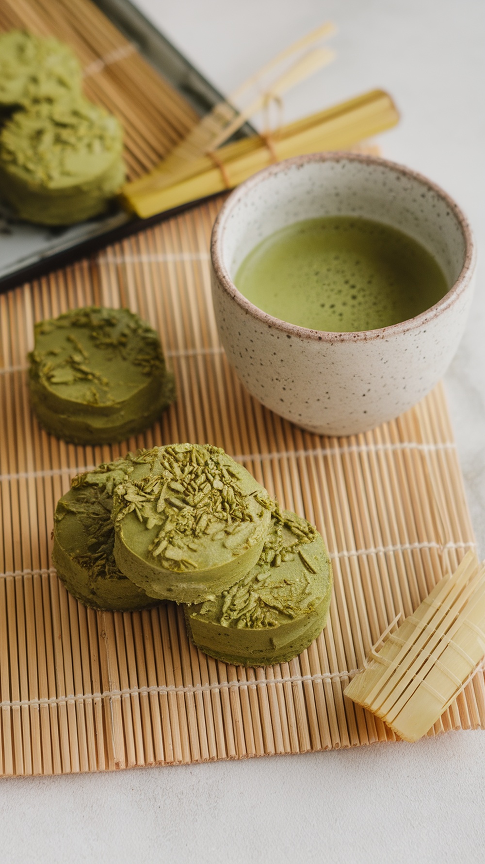 Matcha green tea protein treats on a bamboo mat with a cup of matcha tea