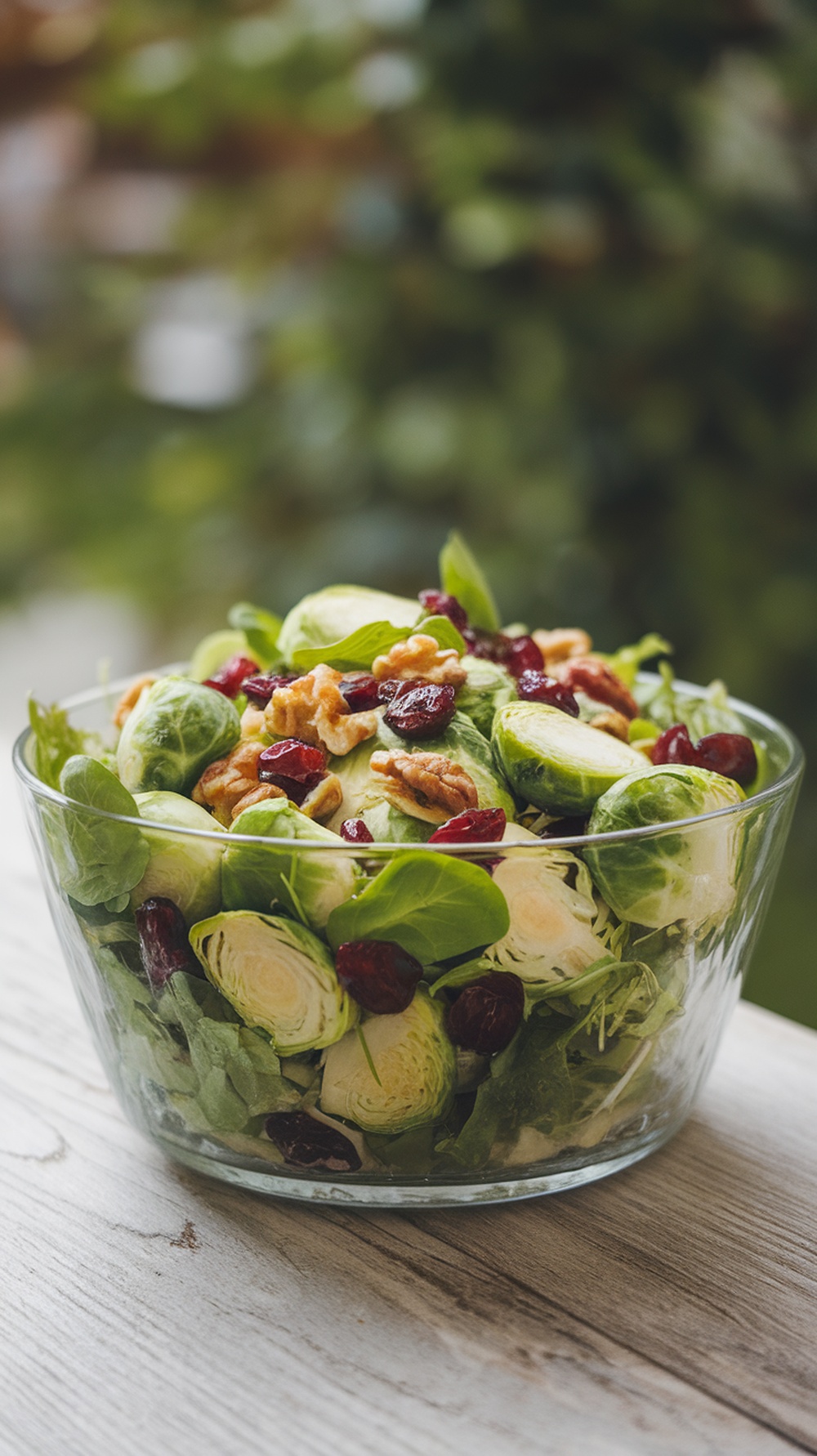 A fresh salad featuring Brussels sprouts, walnuts, and cranberries in a glass bowl.