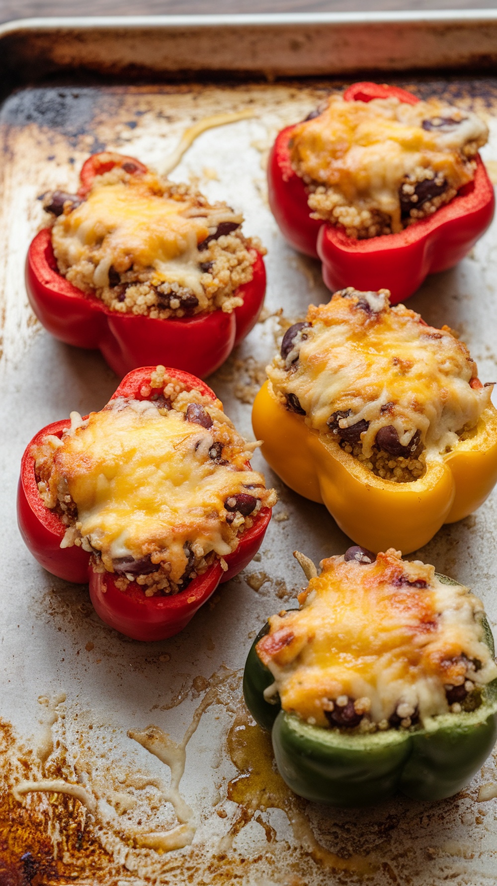Colorful quinoa and black bean stuffed peppers topped with melted cheese on a baking tray.