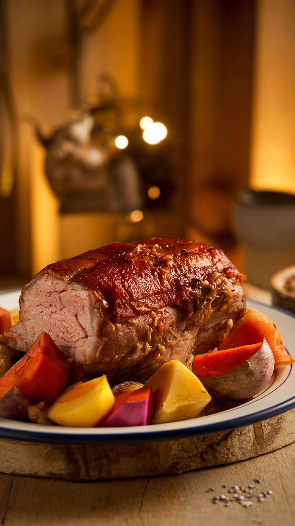 A delicious plate of cider-braised pork with colorful root vegetables, perfect for a fall dinner.