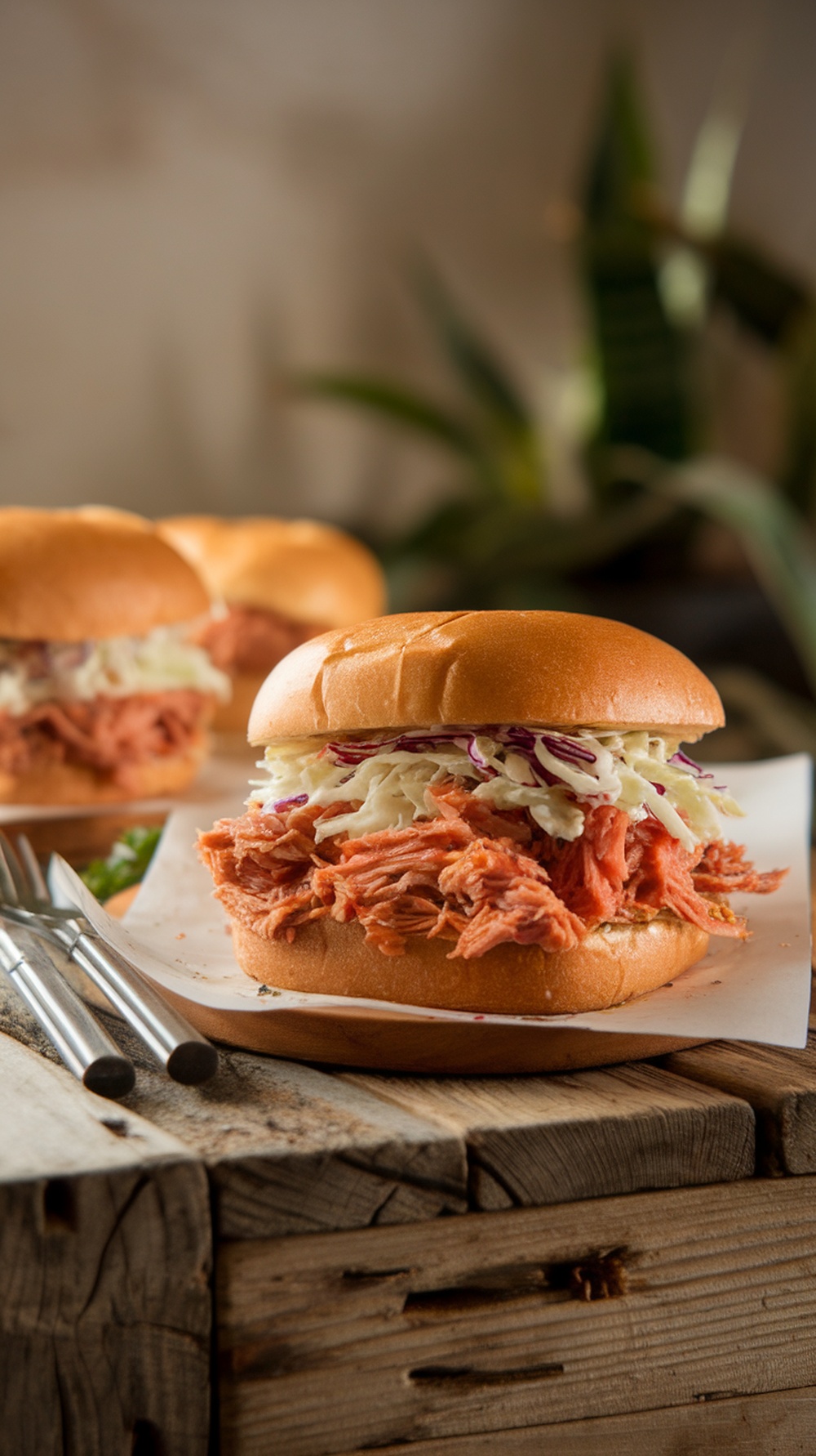 A delicious Peach BBQ Pulled Pork sandwich with coleslaw on a soft bun.