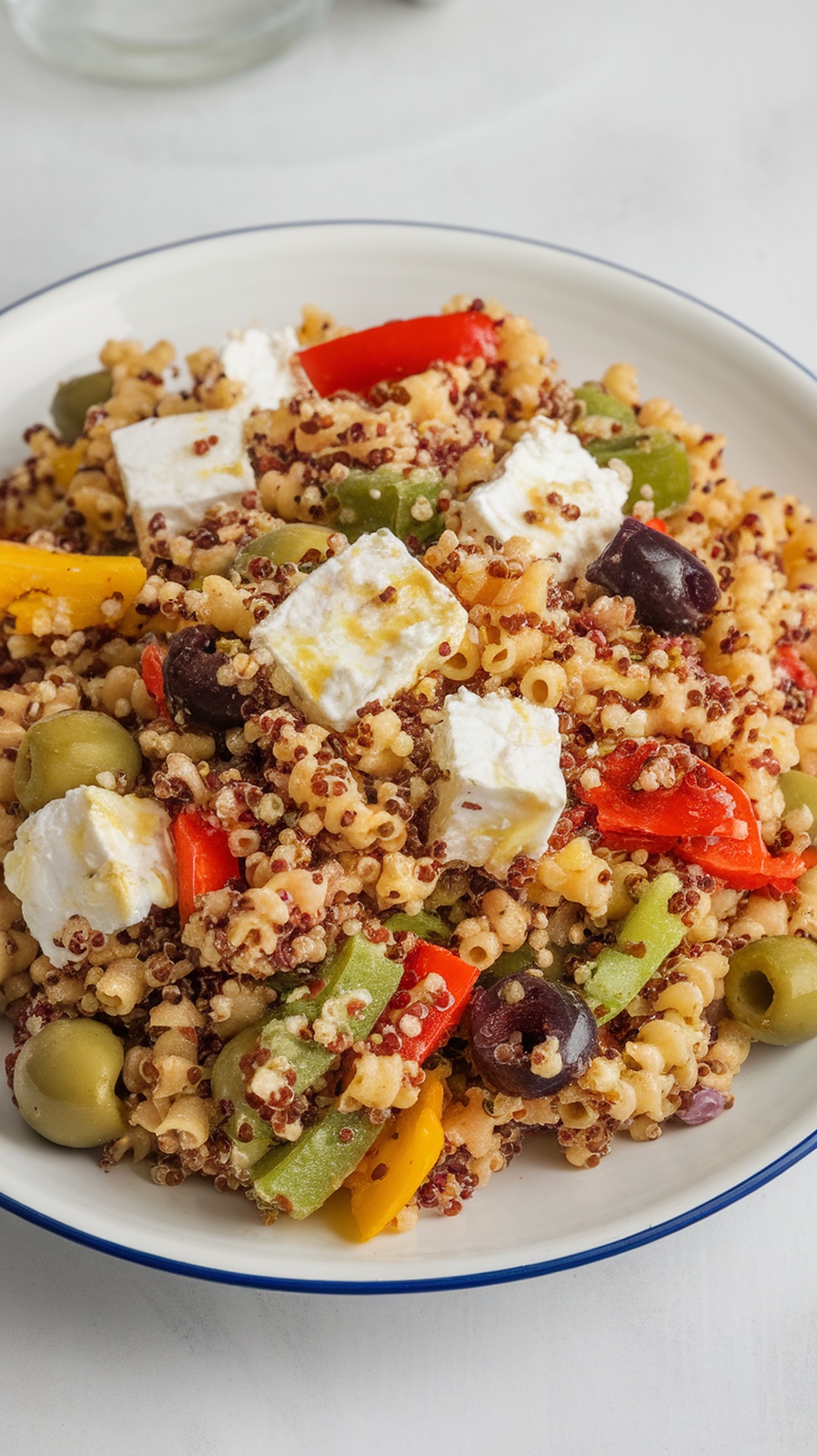 A colorful quinoa pasta salad with feta cheese and olives in a bowl.