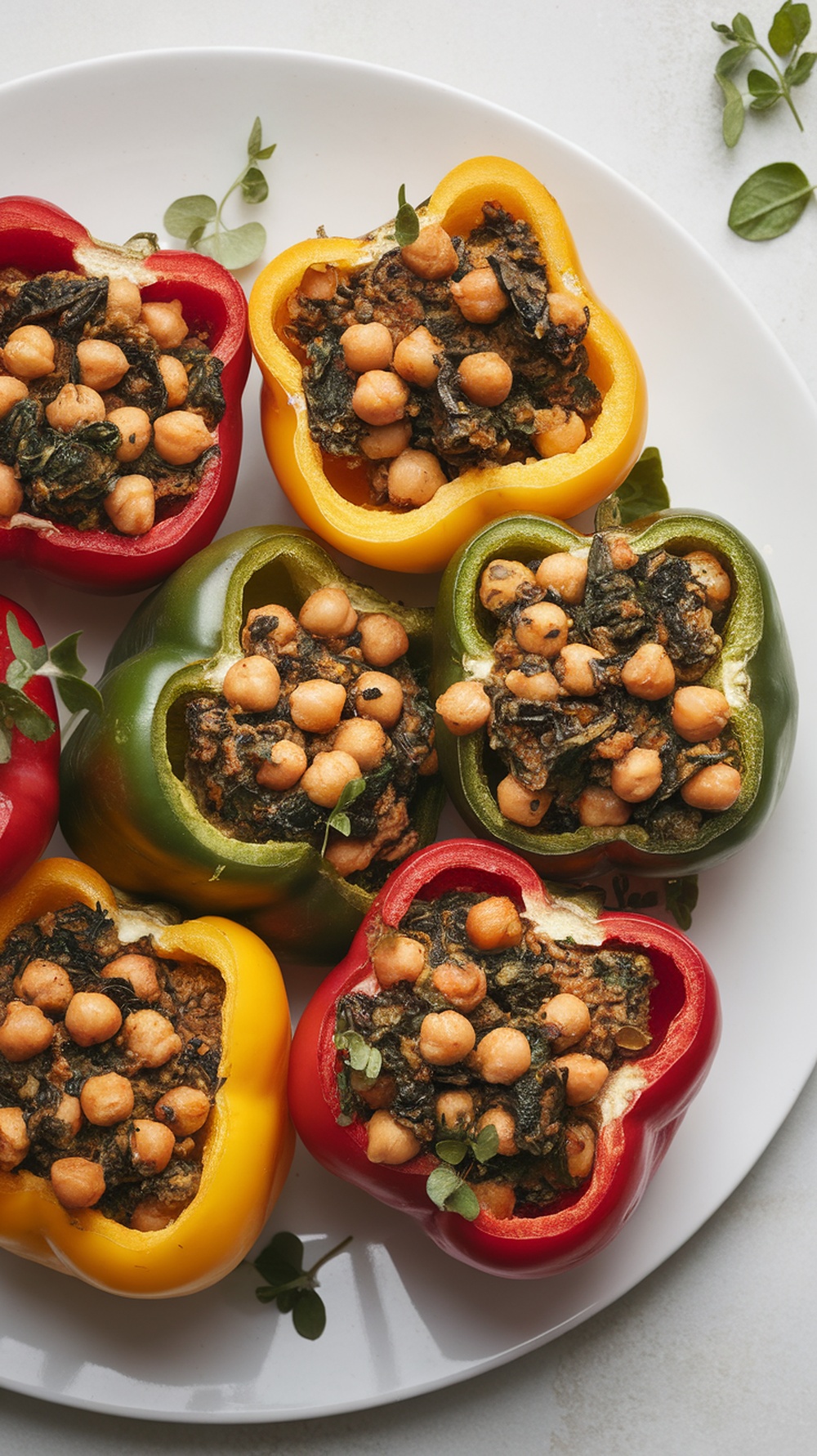 Colorful bell peppers stuffed with chickpeas and spinach on a plate.