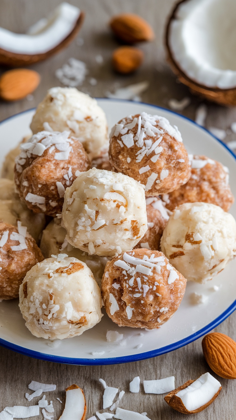 A plate of coconut almond protein bites, featuring a mix of white and brown balls coated with shredded coconut and surrounded by almonds.