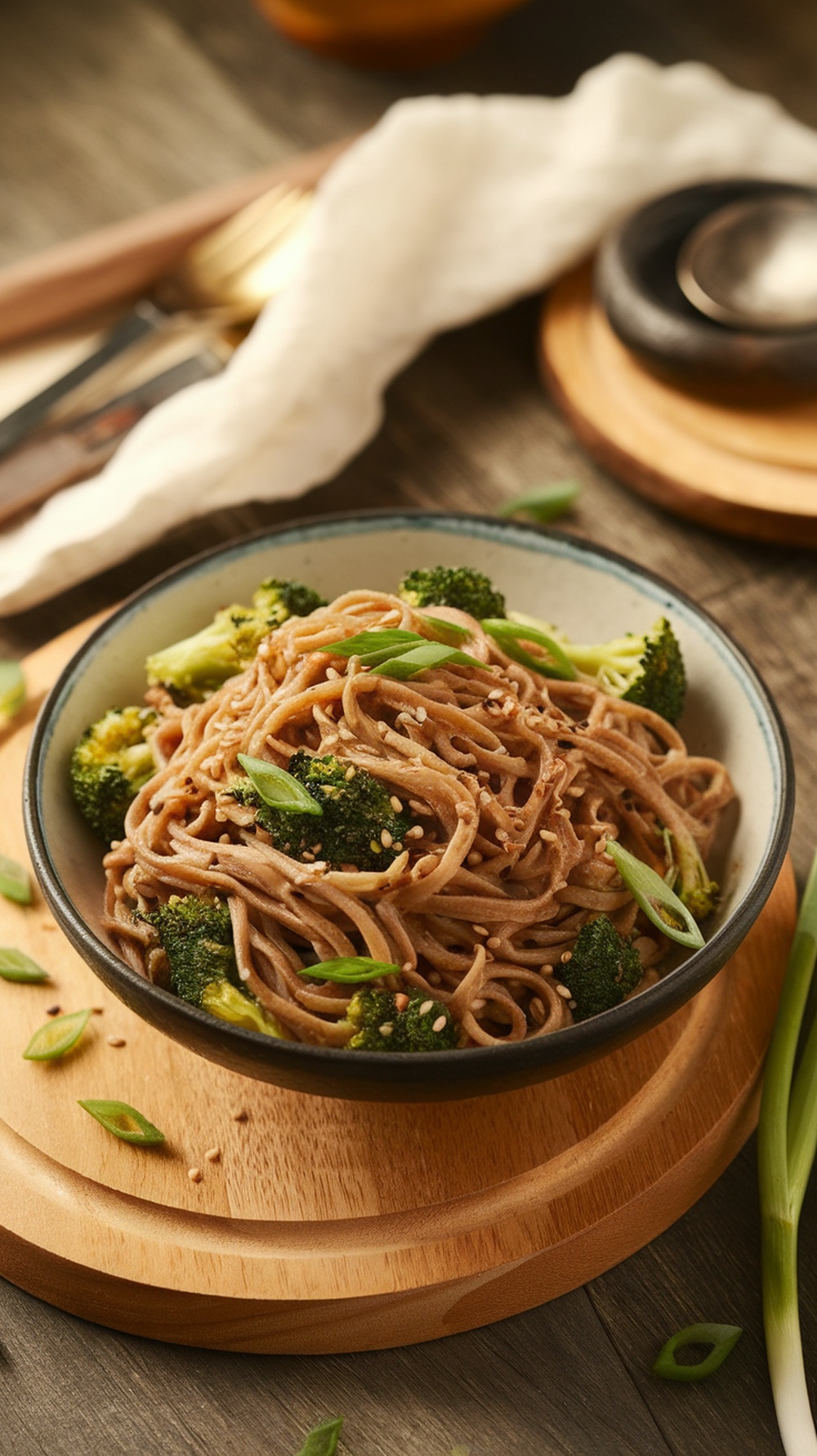 A bowl of soba noodles with broccoli, garnished with green onions and sesame seeds.