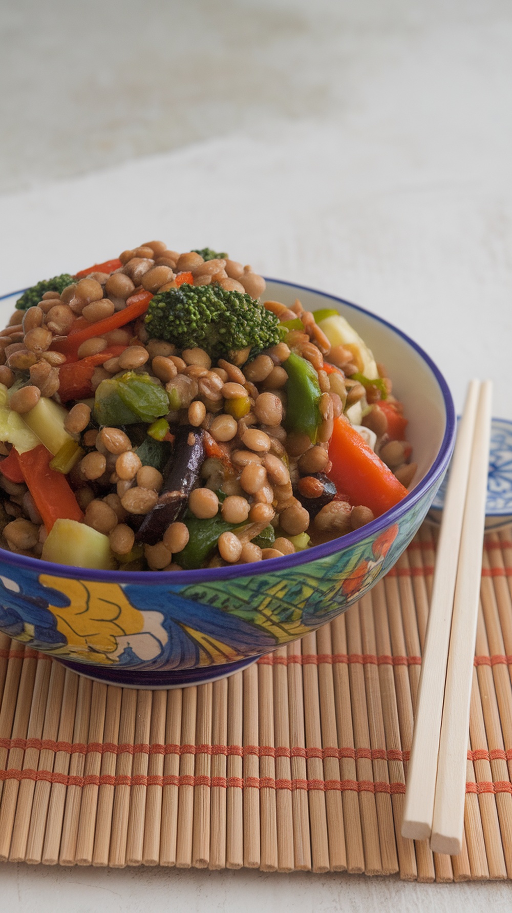 A colorful bowl of lentil and vegetable stir-fry with chopsticks on a bamboo mat.