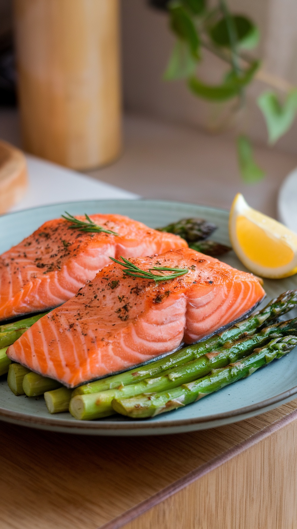 Oven-baked salmon fillets served with asparagus and lemon wedges